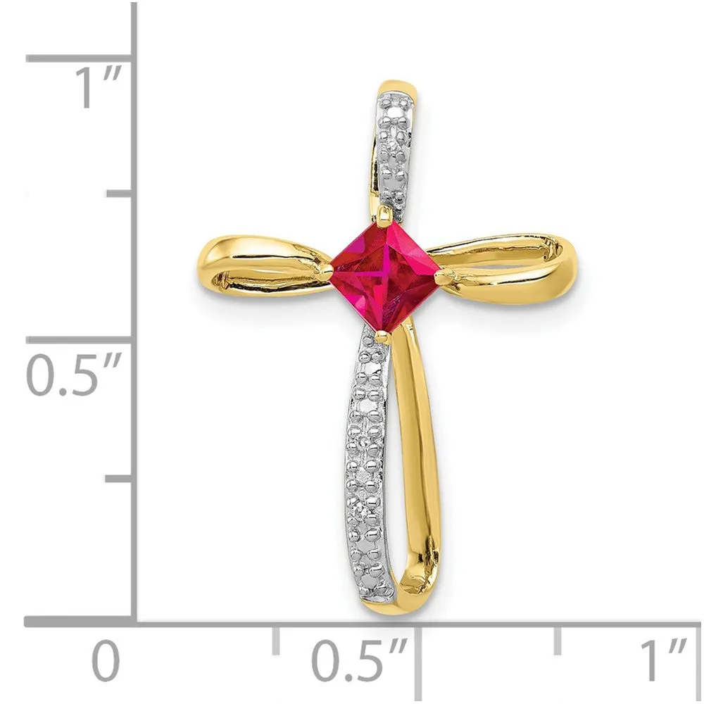10k and Rhodium Lab Created Ruby and Diamond Cross Pendant