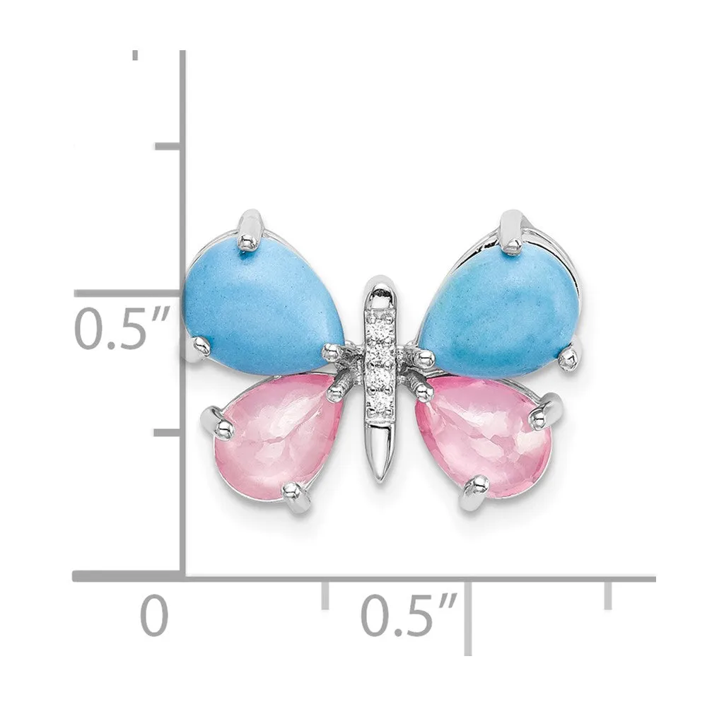 14k White Diamond/Cabochon Turquoise/Rose Quartz Butterfly Pendant