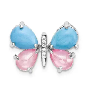 14k White Diamond/Cabochon Turquoise/Rose Quartz Butterfly Pendant