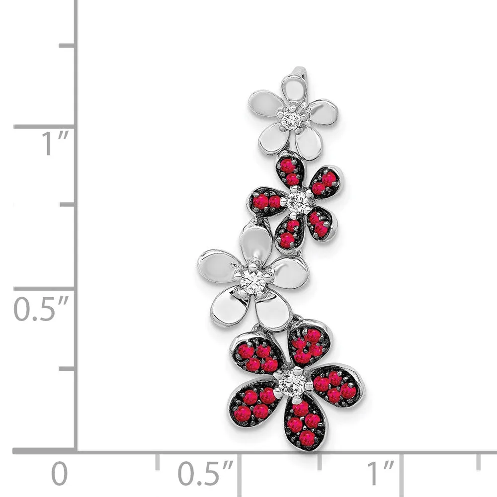 14k White Gold Diamond and .29 Ruby Four Flowers Chain Slide