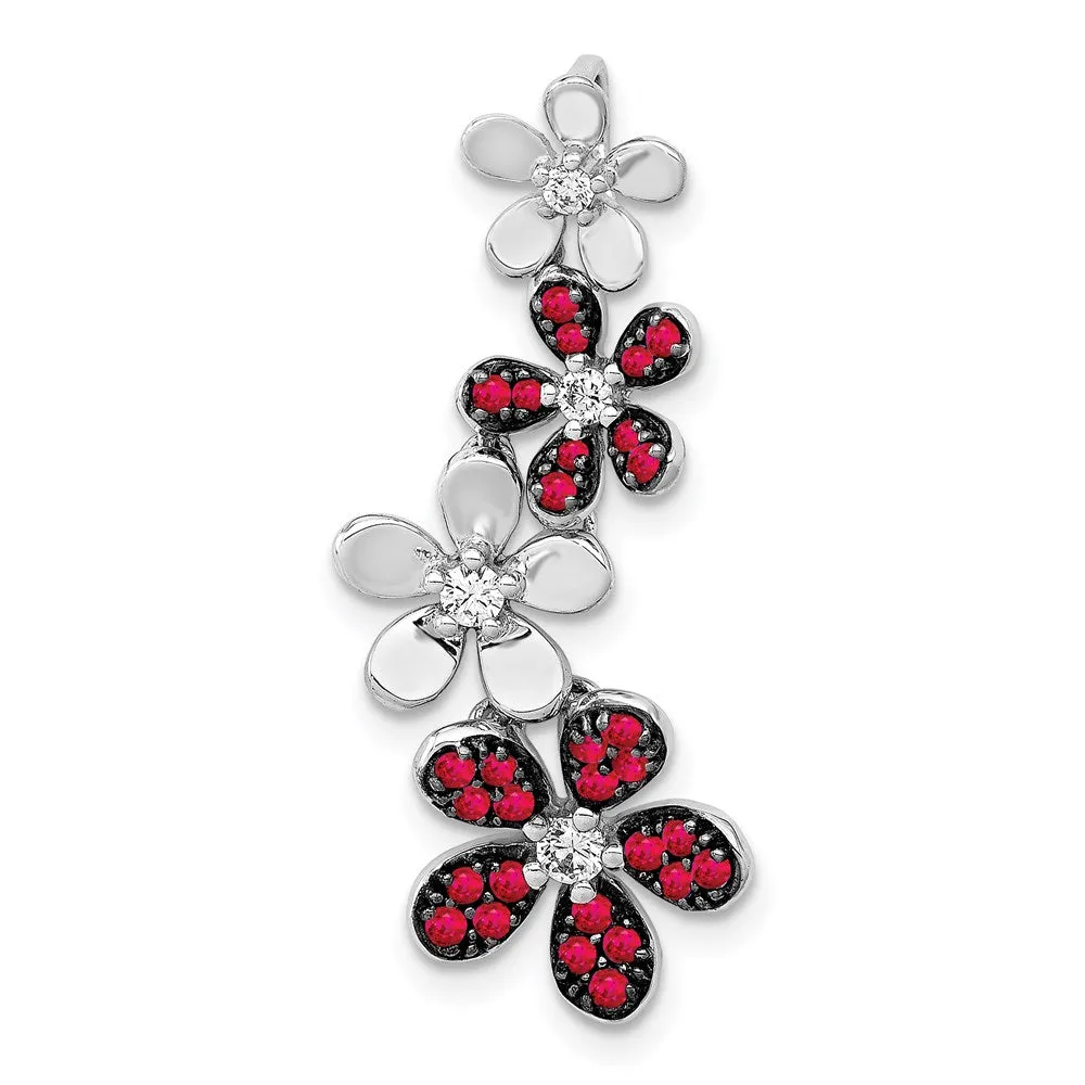 14k White Gold Diamond and .29 Ruby Four Flowers Chain Slide