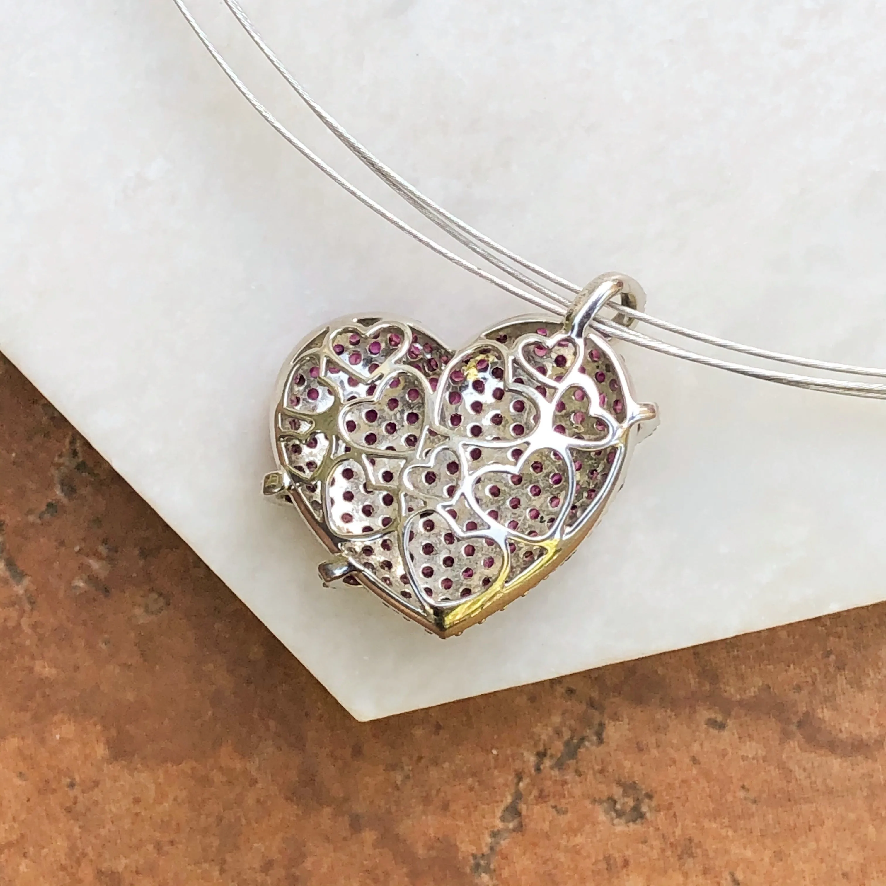 14KT White Gold Pave Pink Sapphire   Diamond Heart Pendant Slide