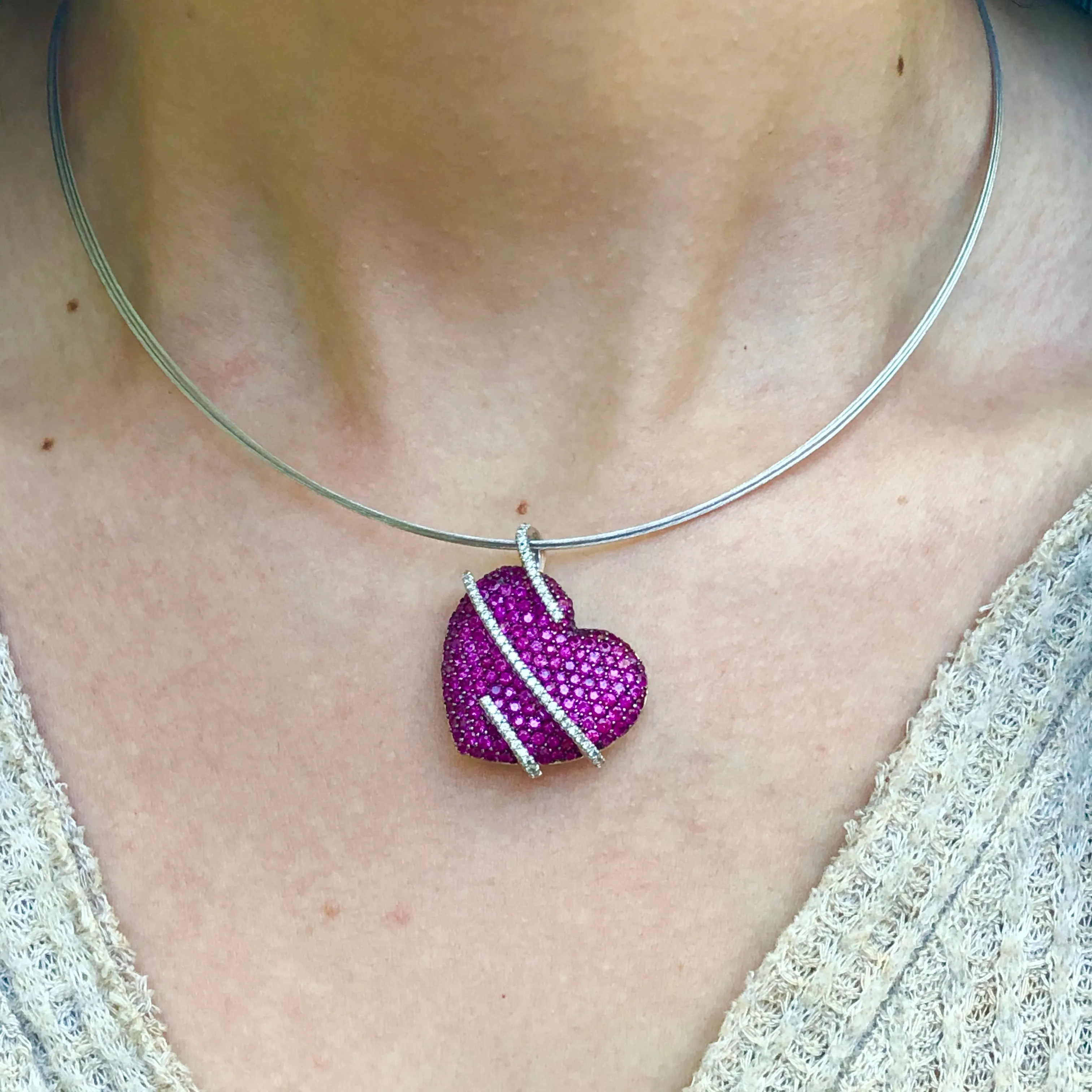 14KT White Gold Pave Pink Sapphire   Diamond Heart Pendant Slide