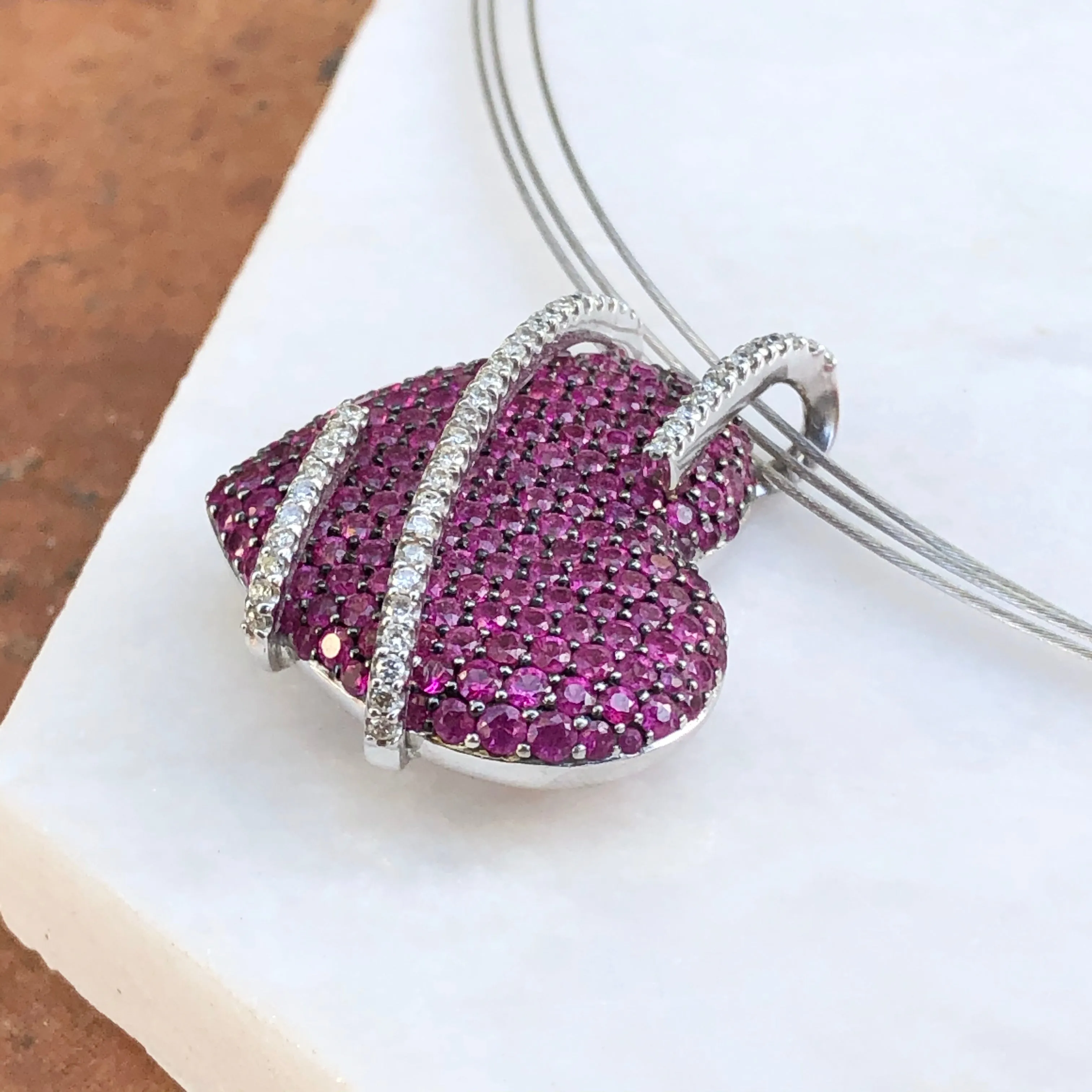14KT White Gold Pave Pink Sapphire   Diamond Heart Pendant Slide