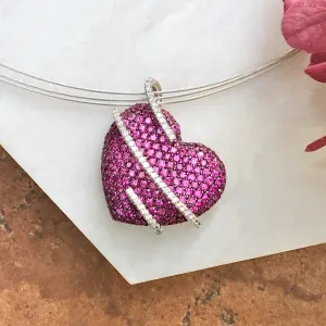 14KT White Gold Pave Pink Sapphire   Diamond Heart Pendant Slide