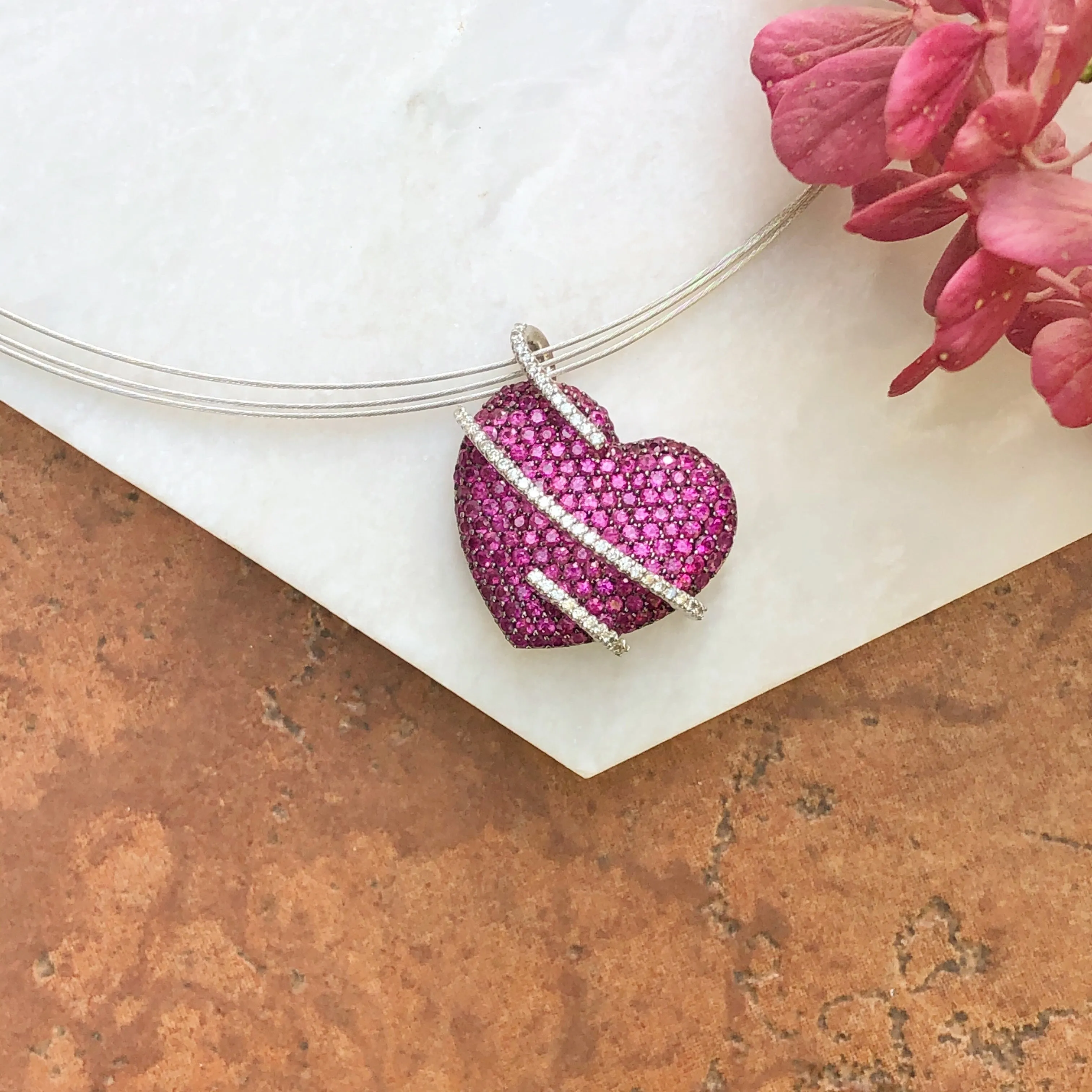14KT White Gold Pave Pink Sapphire   Diamond Heart Pendant Slide
