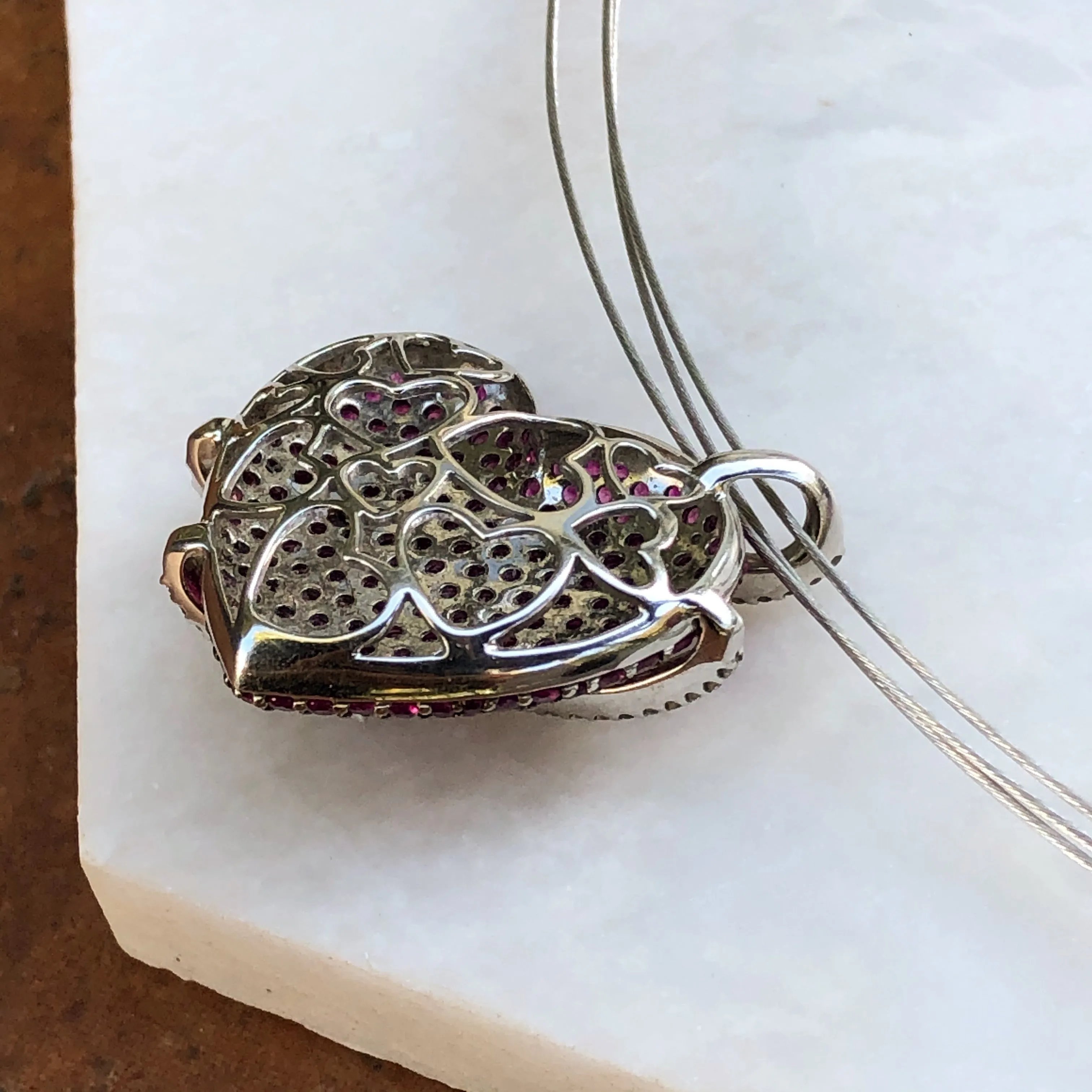 14KT White Gold Pave Pink Sapphire   Diamond Heart Pendant Slide