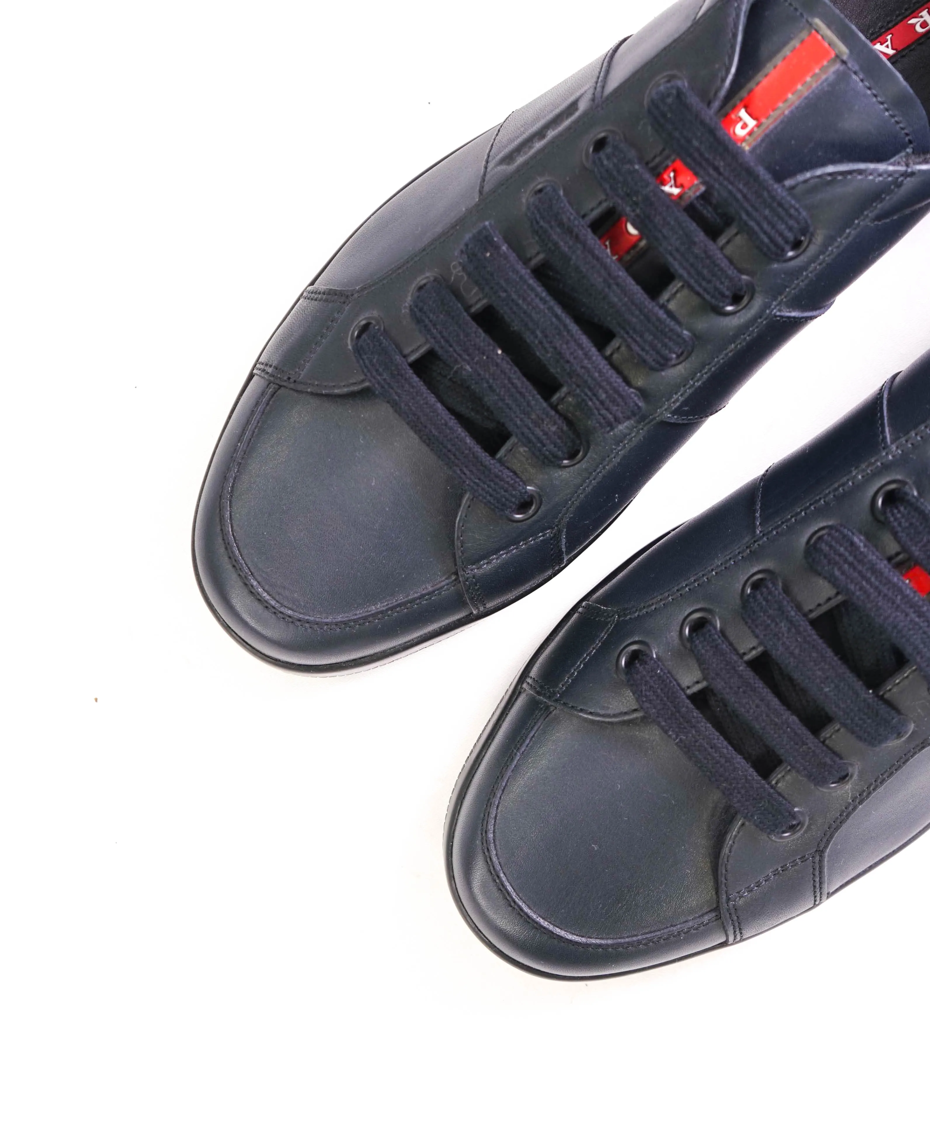 $950 PRADA - *Line Rossa* Navy Leather Sneakers With Logo Detail - 13 US (12 IT)