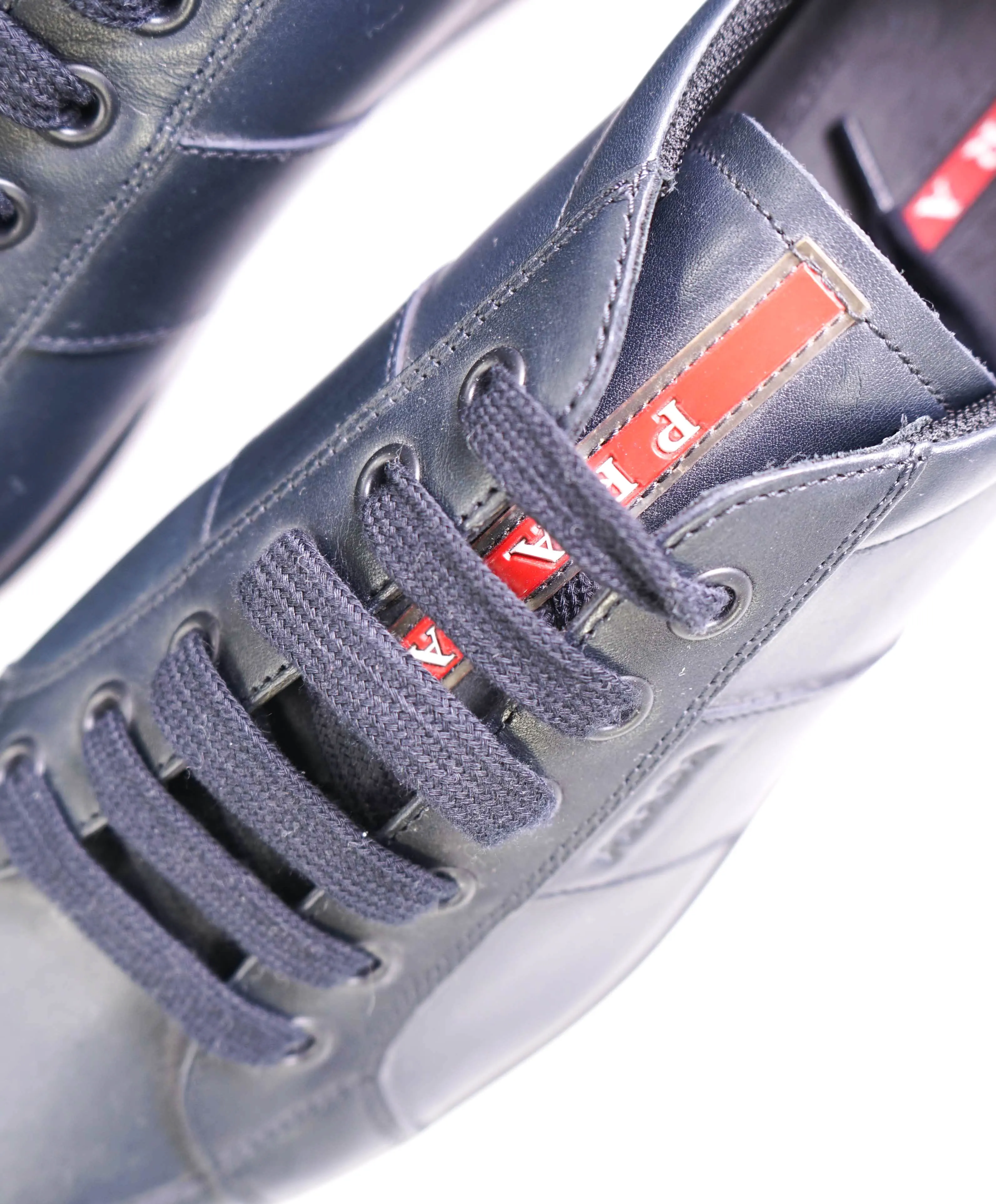 $950 PRADA - *Line Rossa* Navy Leather Sneakers With Logo Detail - 13 US (12 IT)