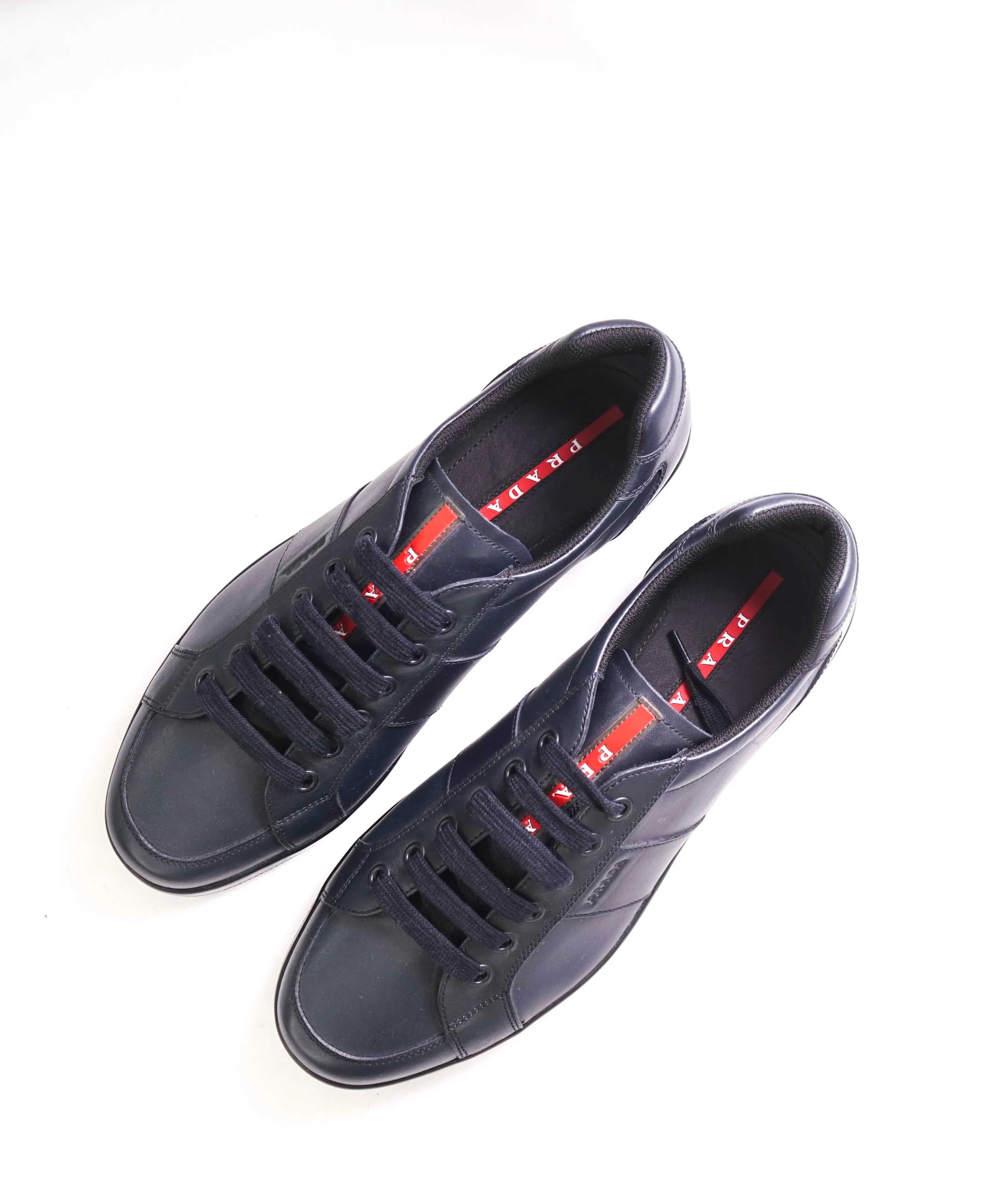 $950 PRADA - *Line Rossa* Navy Leather Sneakers With Logo Detail - 13 US (12 IT)