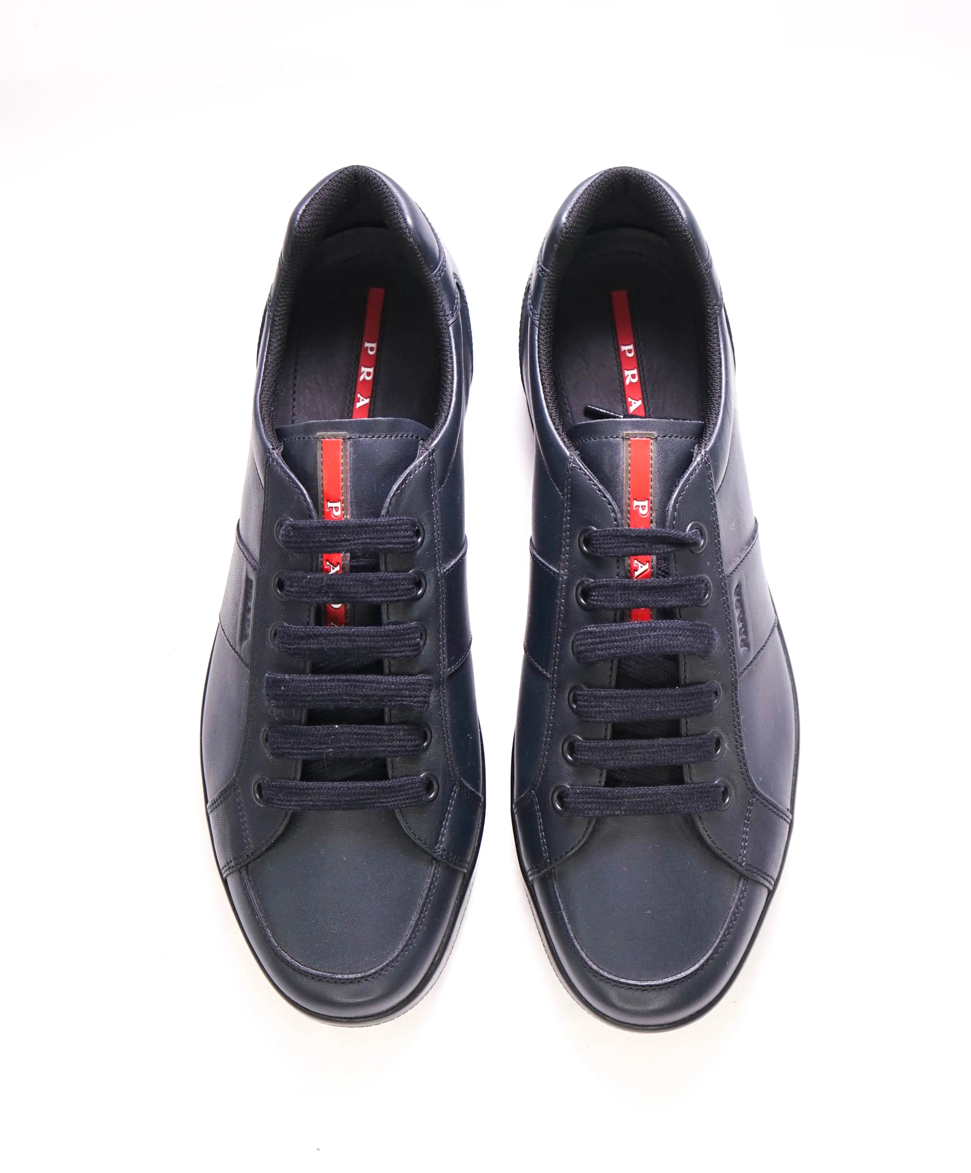$950 PRADA - *Line Rossa* Navy Leather Sneakers With Logo Detail - 13 US (12 IT)