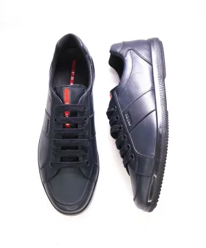 $950 PRADA - *Line Rossa* Navy Leather Sneakers With Logo Detail - 13 US (12 IT)