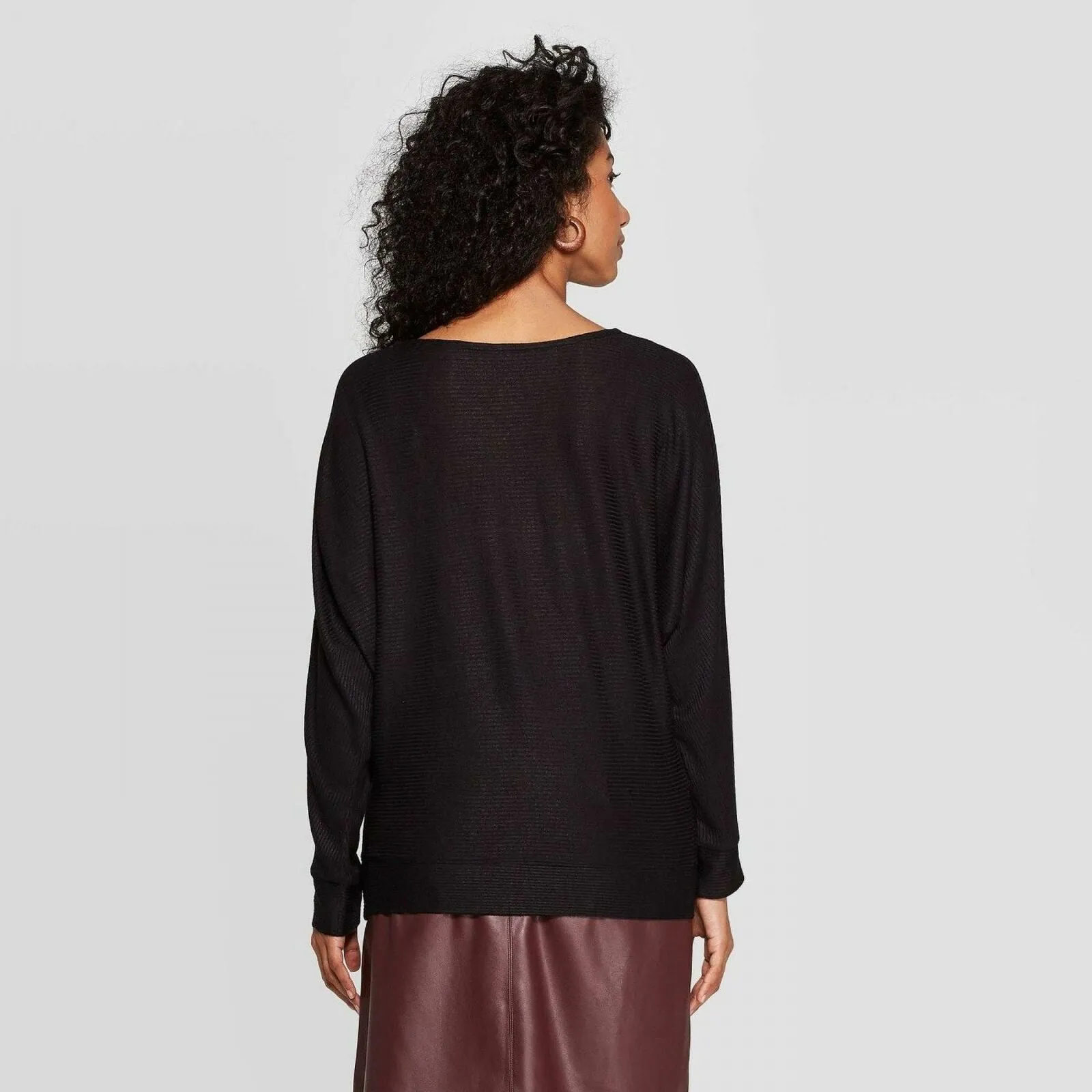 A New Day Women's Dolman Long Sleeve Boat Neck Rib Knit T-Shirt Black Large