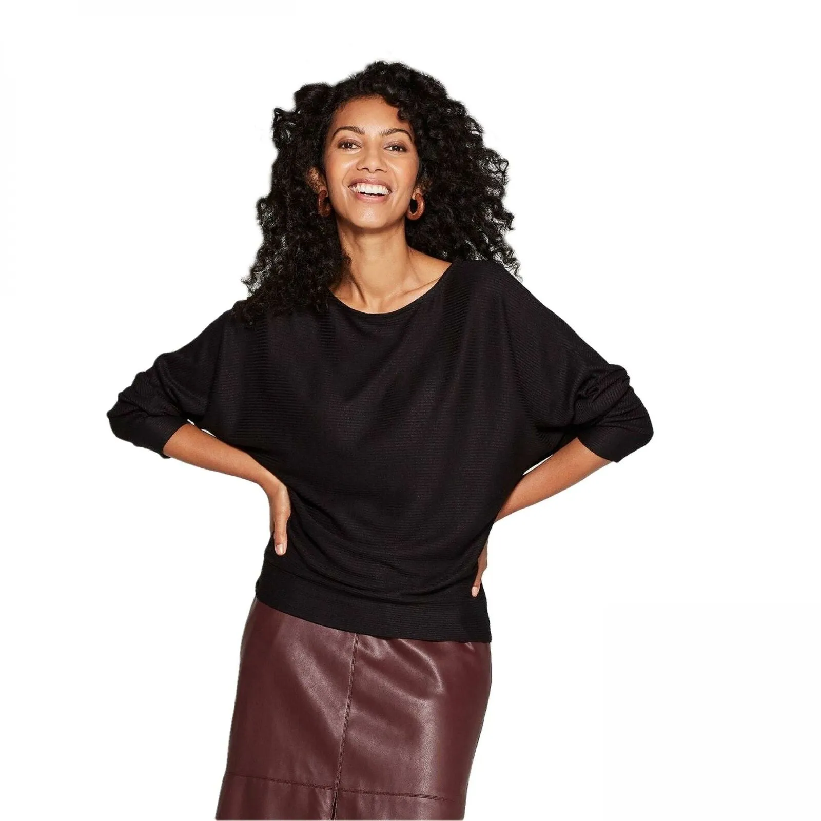 A New Day Women's Dolman Long Sleeve Boat Neck Rib Knit T-Shirt Black Large