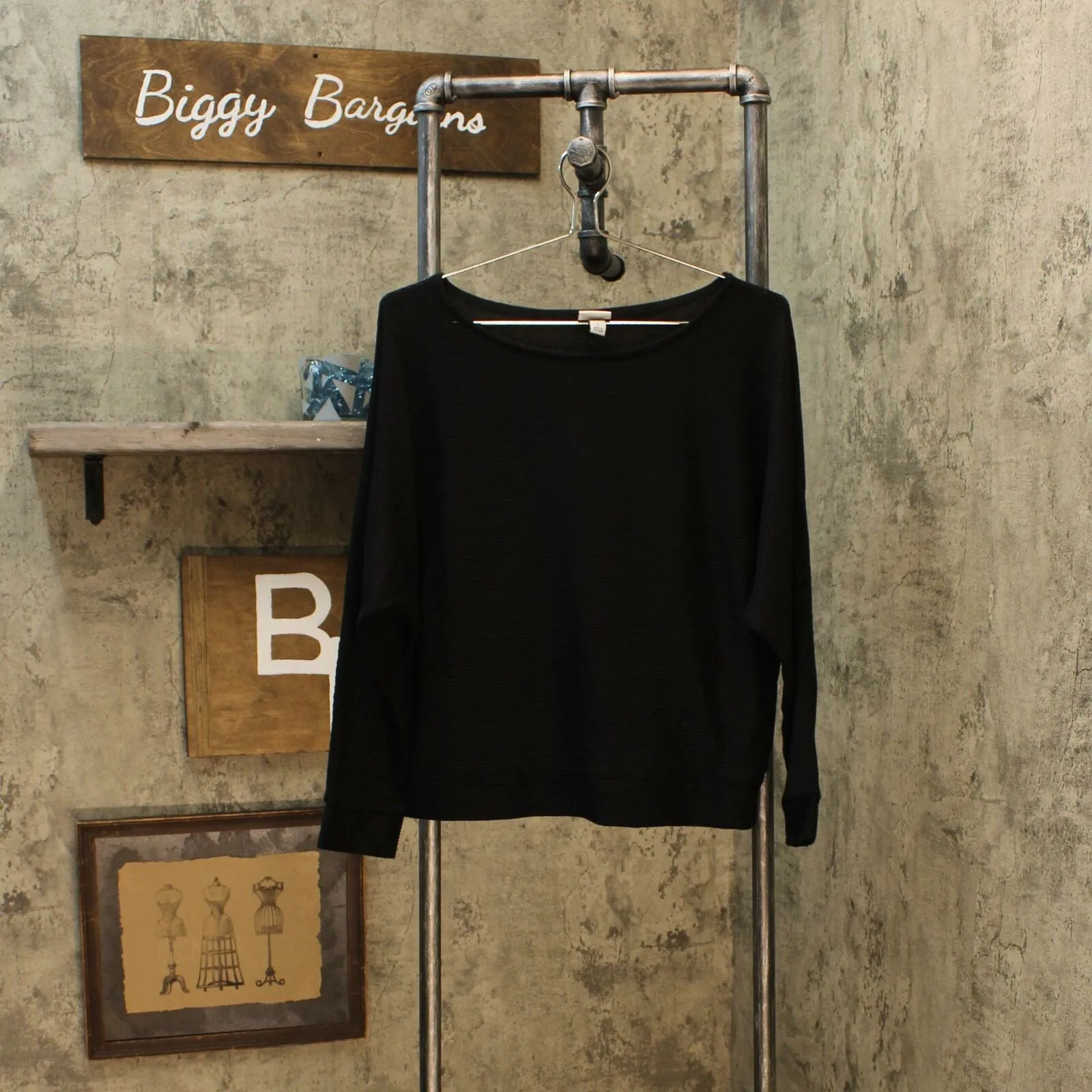 A New Day Women's Dolman Long Sleeve Boat Neck Rib Knit T-Shirt Black Large