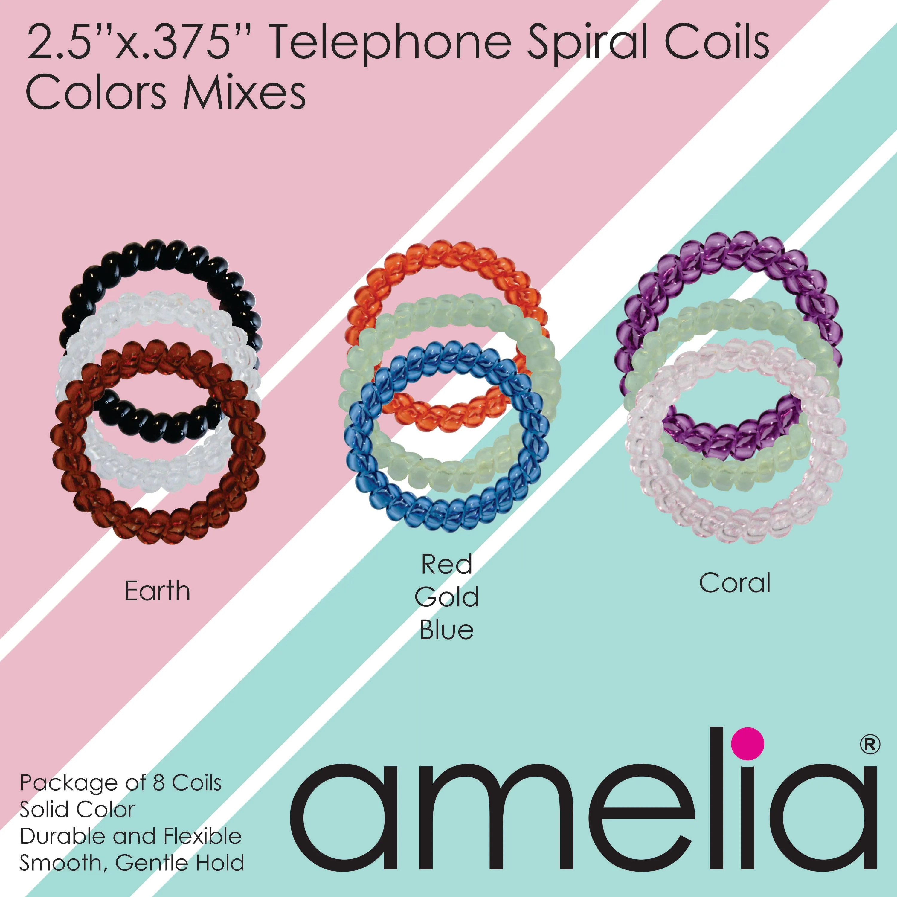 Amelia Beauty Products 8 Large Smooth Elastic Hair Coils, 2. 5in Diameter Thick Spiral Hair Ties, Gentle on Hair, Strong Hold and Minimizes Dents and Creases, Red