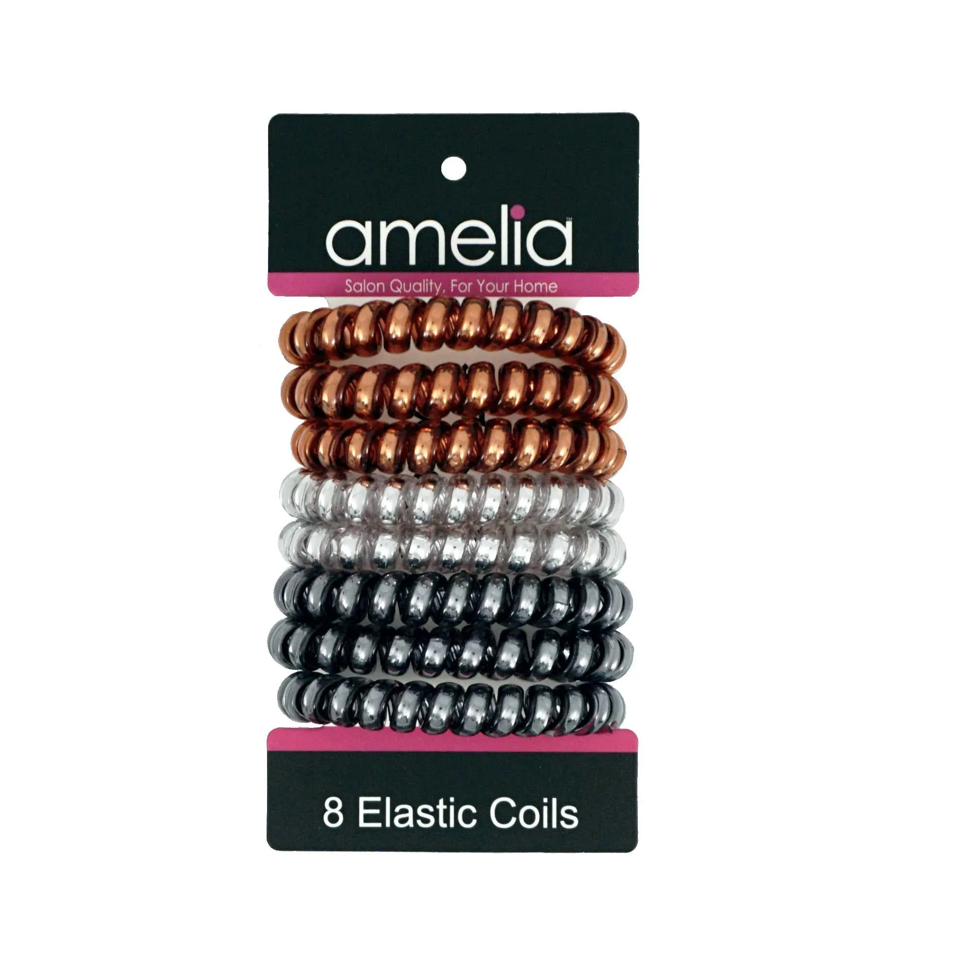 Amelia Beauty Products 8 Large Smooth Shiny Center Elastic Hair Coils, 2. 5in Diameter Thick Spiral Hair Ties, Gentle on Hair, Strong Hold and Minimizes Dents and Creases, Brown, Gray and Black Mix