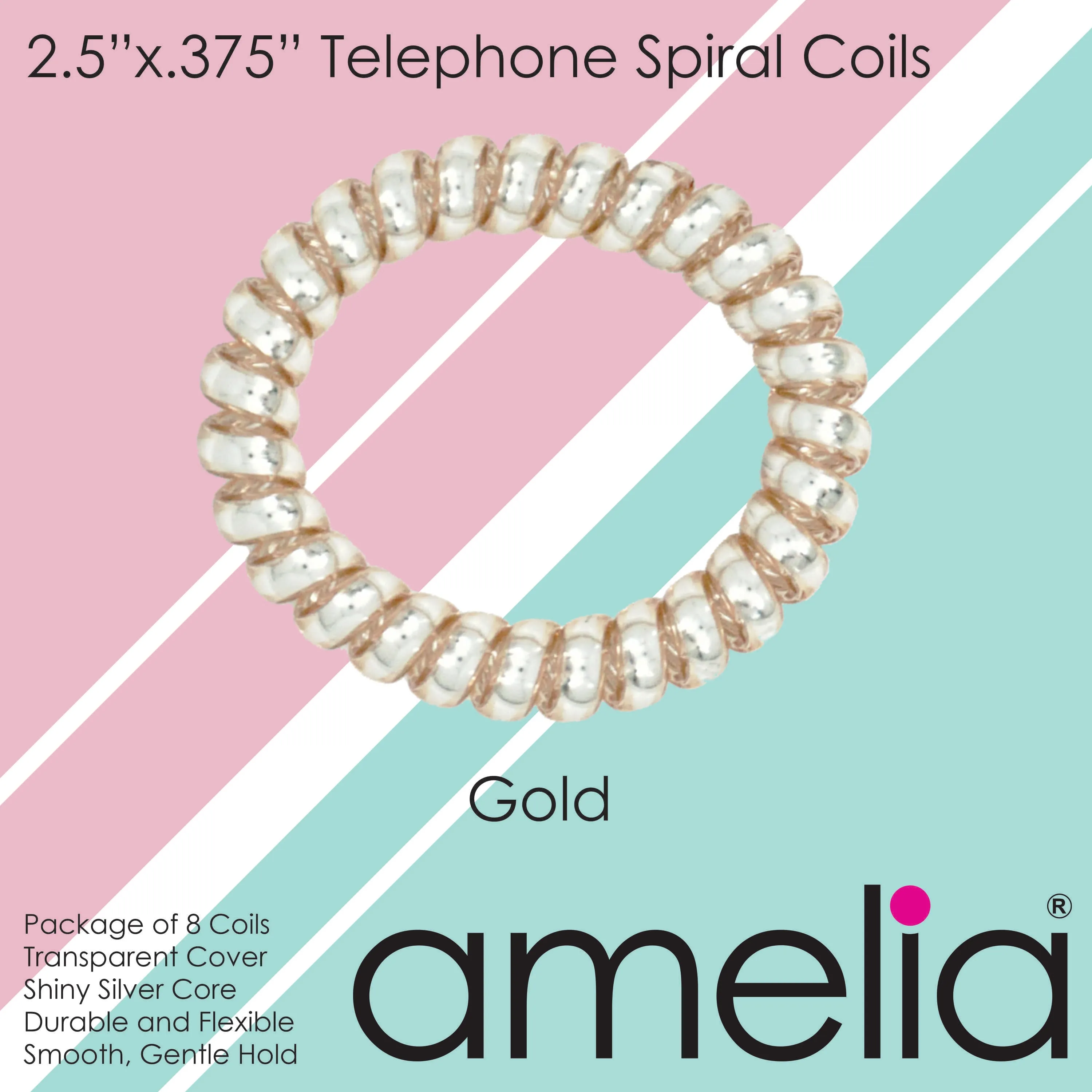Amelia Beauty Products 8 Large Smooth Shiny Center Elastic Hair Coils, 2. 5in Diameter Thick Spiral Hair Ties, Gentle on Hair, Strong Hold and Minimizes Dents and Creases, Gold