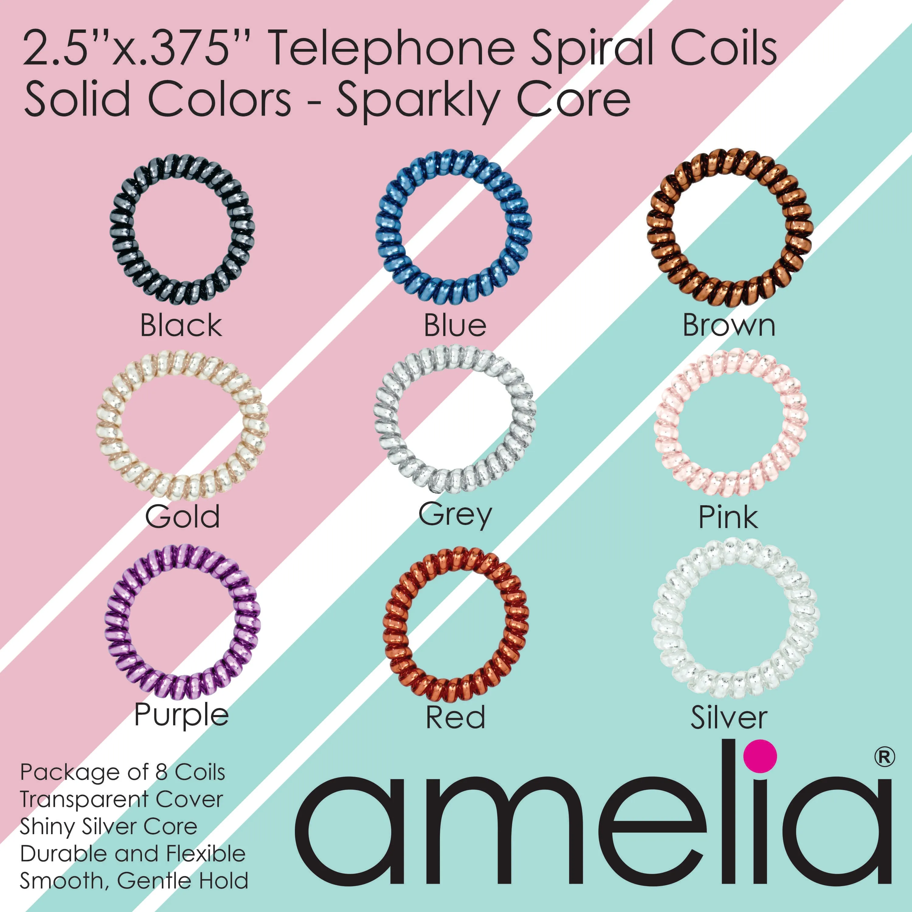 Amelia Beauty Products 8 Large Smooth Shiny Center Elastic Hair Coils, 2. 5in Diameter Thick Spiral Hair Ties, Gentle on Hair, Strong Hold and Minimizes Dents and Creases, Purple