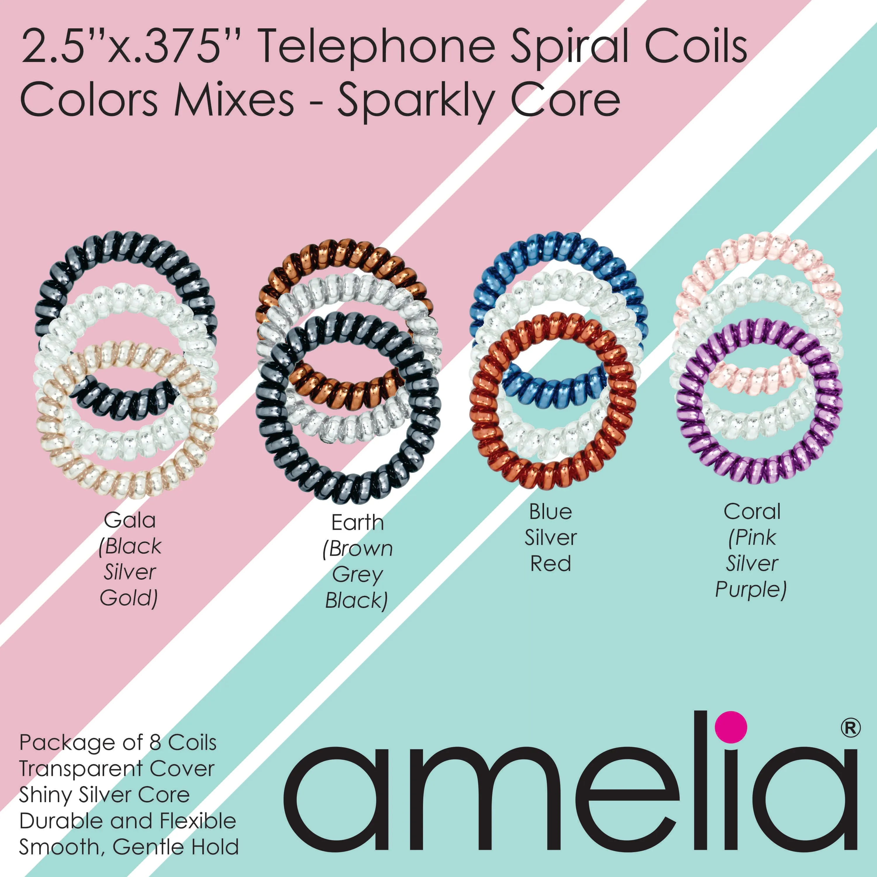 Amelia Beauty Products 8 Large Smooth Shiny Center Elastic Hair Coils, 2. 5in Diameter Thick Spiral Hair Ties, Gentle on Hair, Strong Hold and Minimizes Dents and Creases, Purple