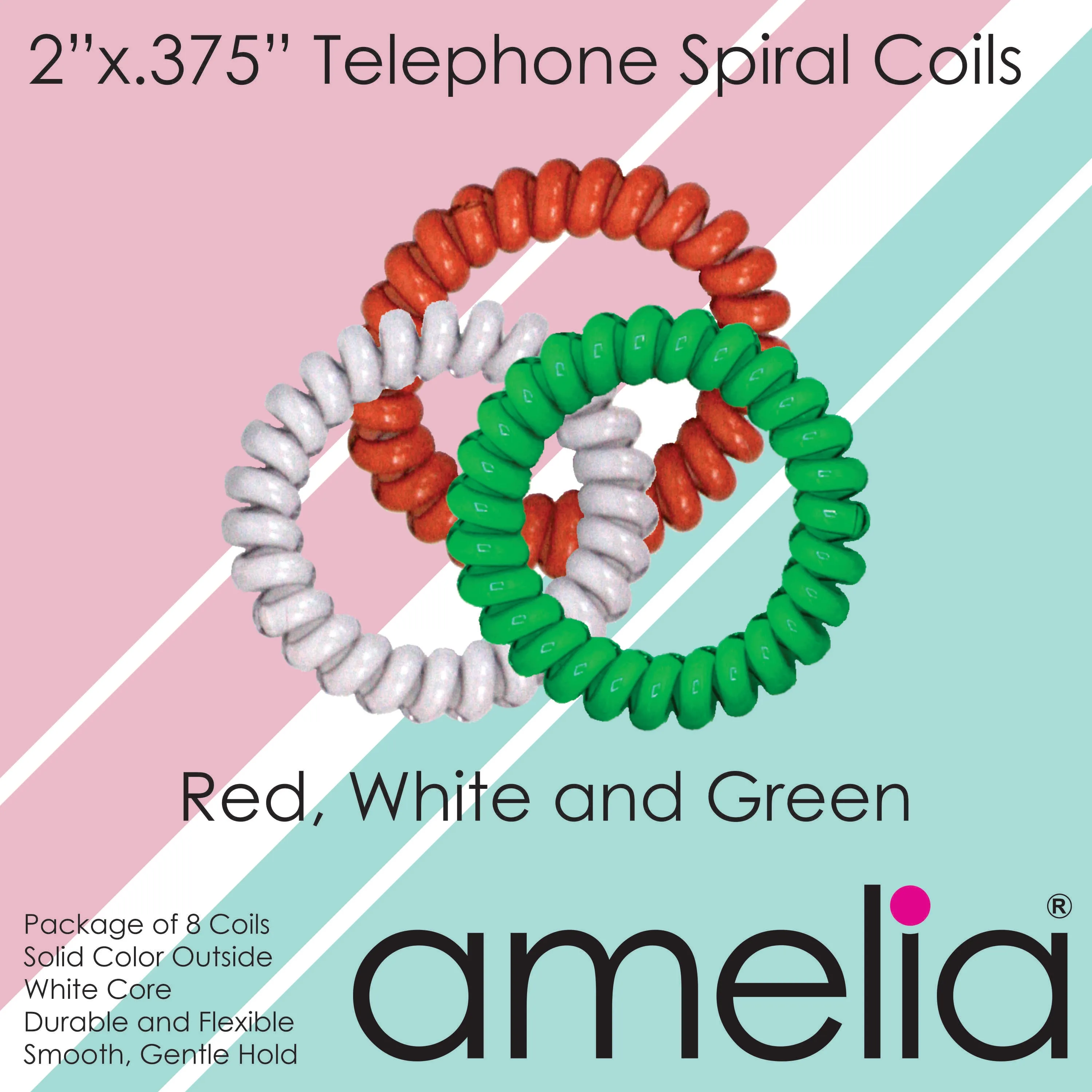 Amelia Beauty Products 8 Medium Elastic Hair Coils, 2.0in Diameter Thick Spiral Hair Ties, Gentle on Hair, Strong Hold and Minimizes Dents and Creases, Red, White and Green Mix