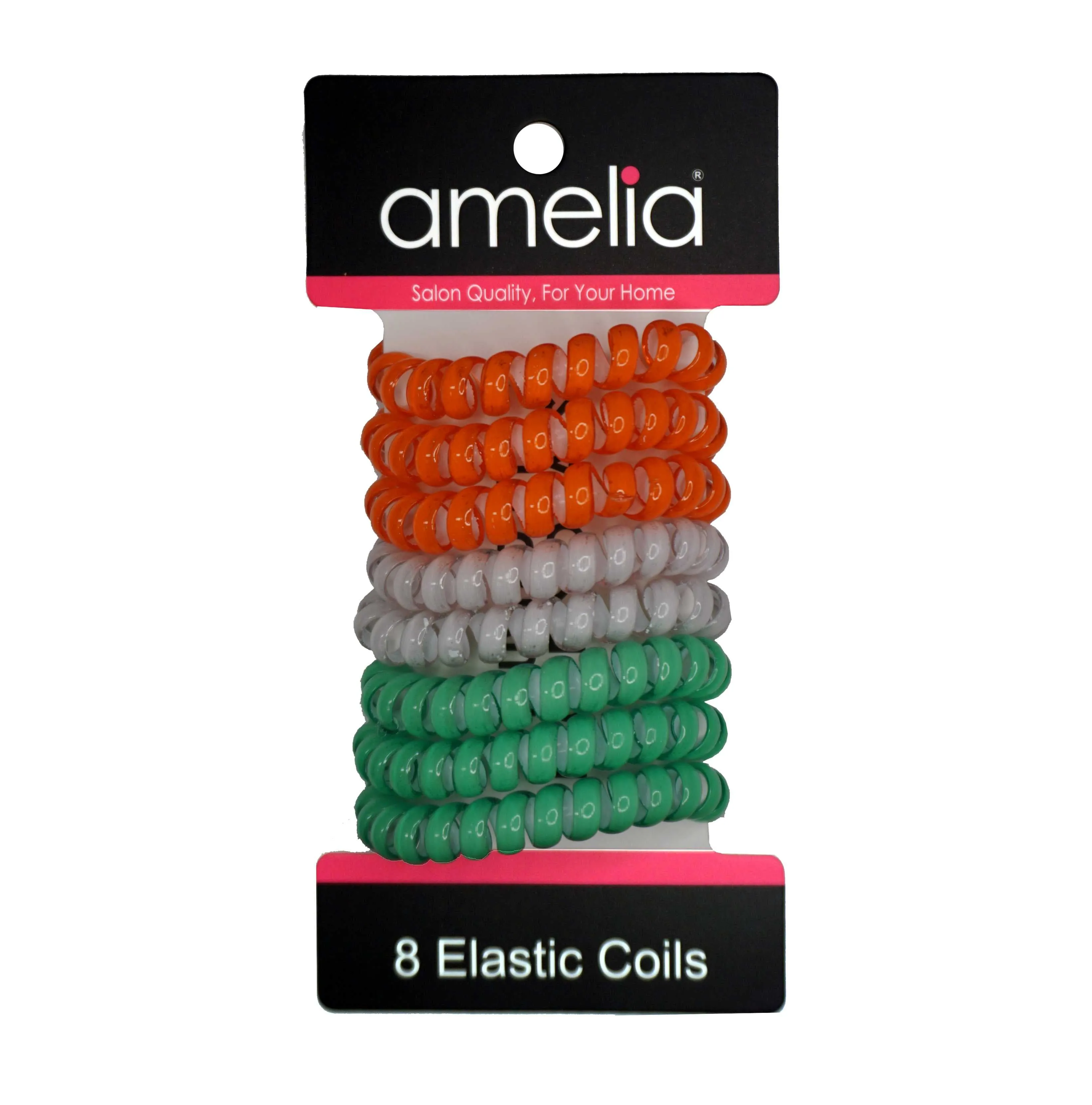 Amelia Beauty Products 8 Medium Elastic Hair Coils, 2.0in Diameter Thick Spiral Hair Ties, Gentle on Hair, Strong Hold and Minimizes Dents and Creases, Red, White and Green Mix
