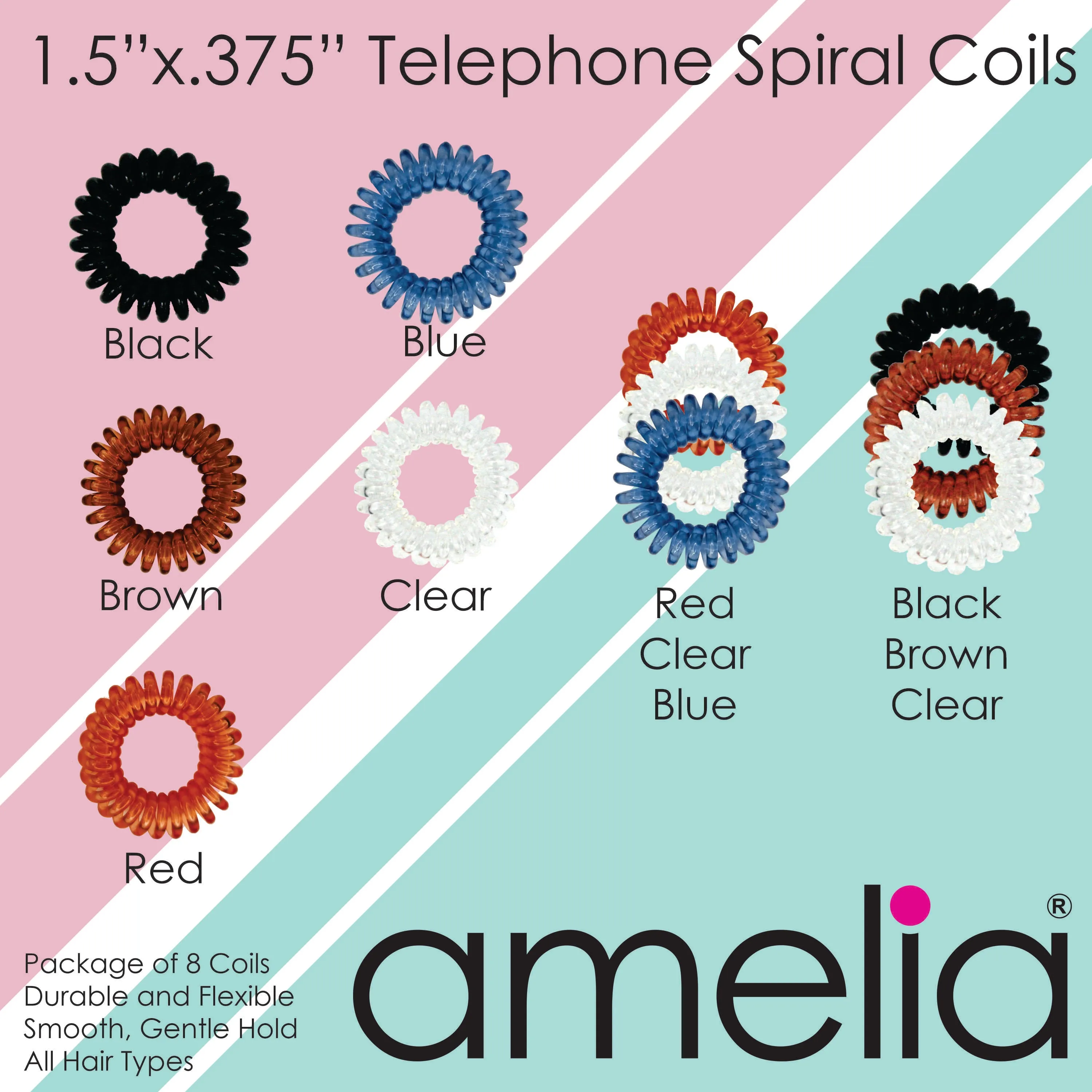 Amelia Beauty Products 8 Small Elastic Hair Coils, 1.5in Diameter Thick Spiral Hair Ties, Gentle on Hair, Strong Hold and Minimizes Dents and Creases, Brown