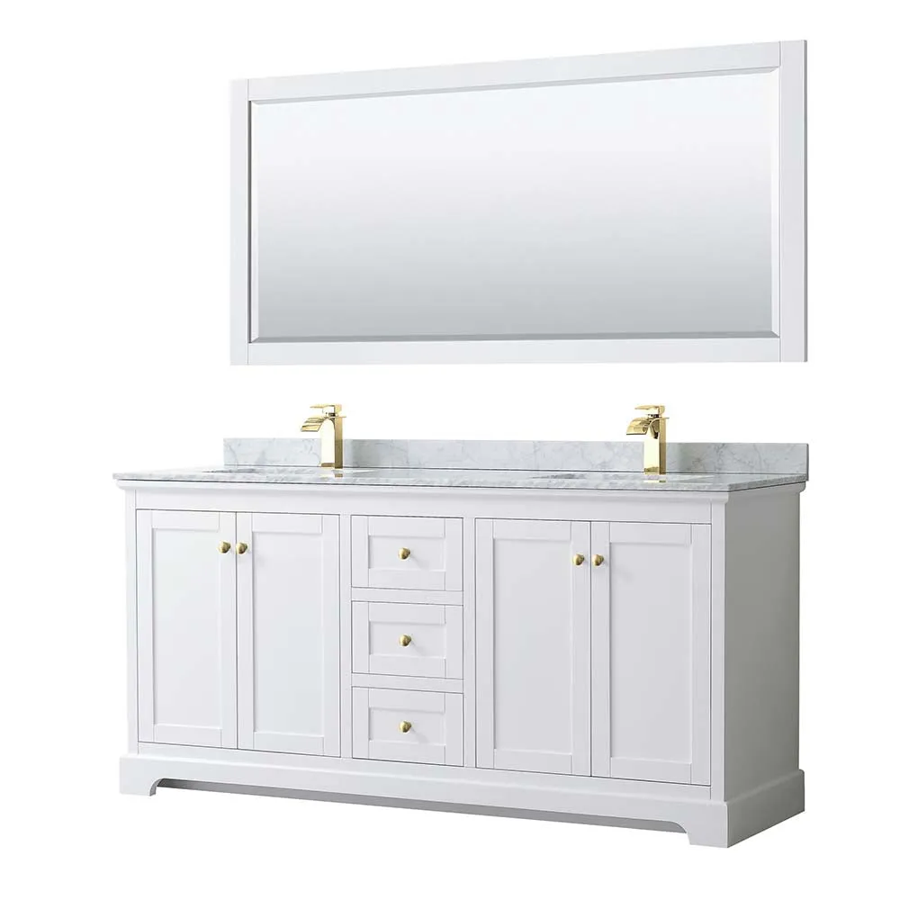 Avery 72 Inch Double Bathroom Vanity in White - Brushed Gold Trim
