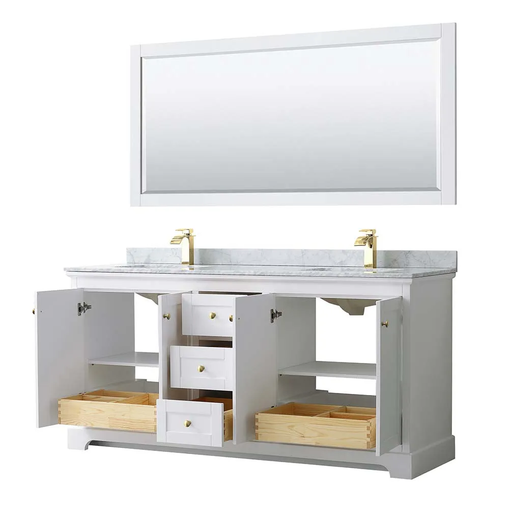 Avery 72 Inch Double Bathroom Vanity in White - Brushed Gold Trim