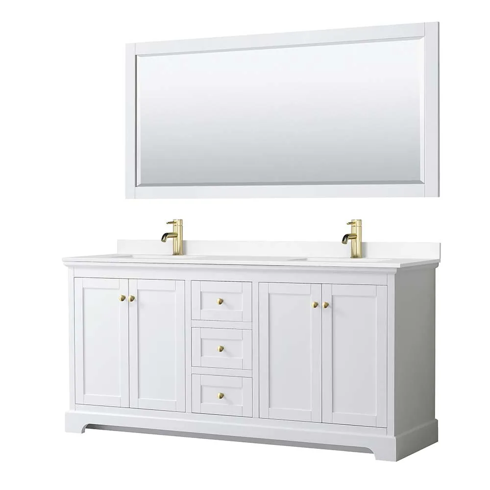 Avery 72 Inch Double Bathroom Vanity in White - Brushed Gold Trim