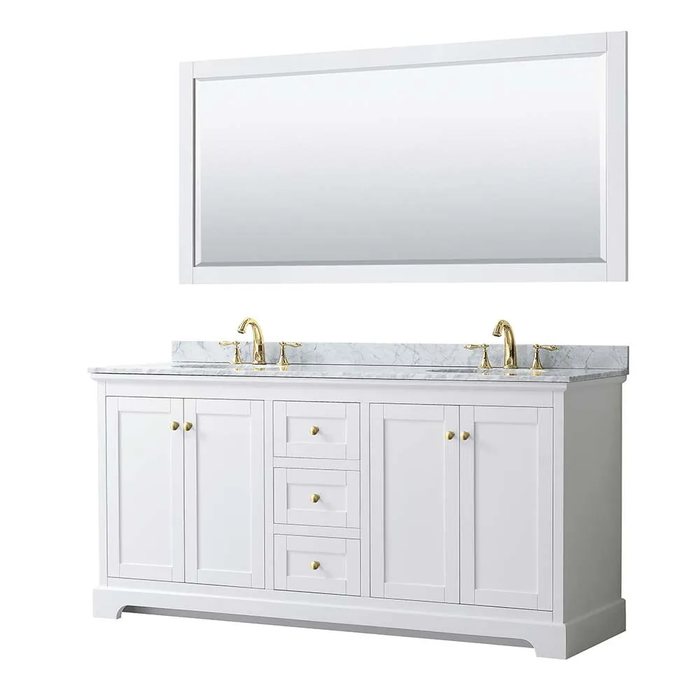 Avery 72 Inch Double Bathroom Vanity in White - Brushed Gold Trim
