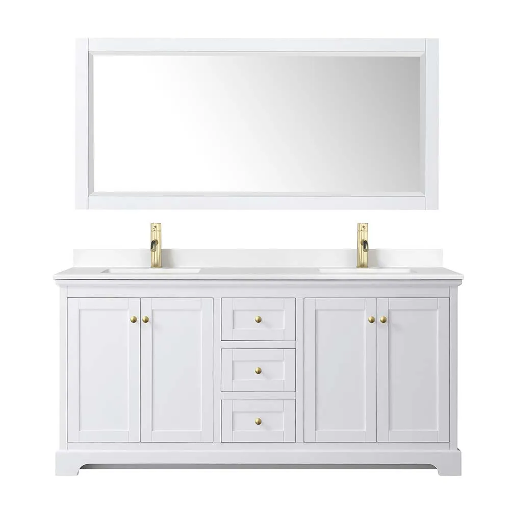 Avery 72 Inch Double Bathroom Vanity in White - Brushed Gold Trim
