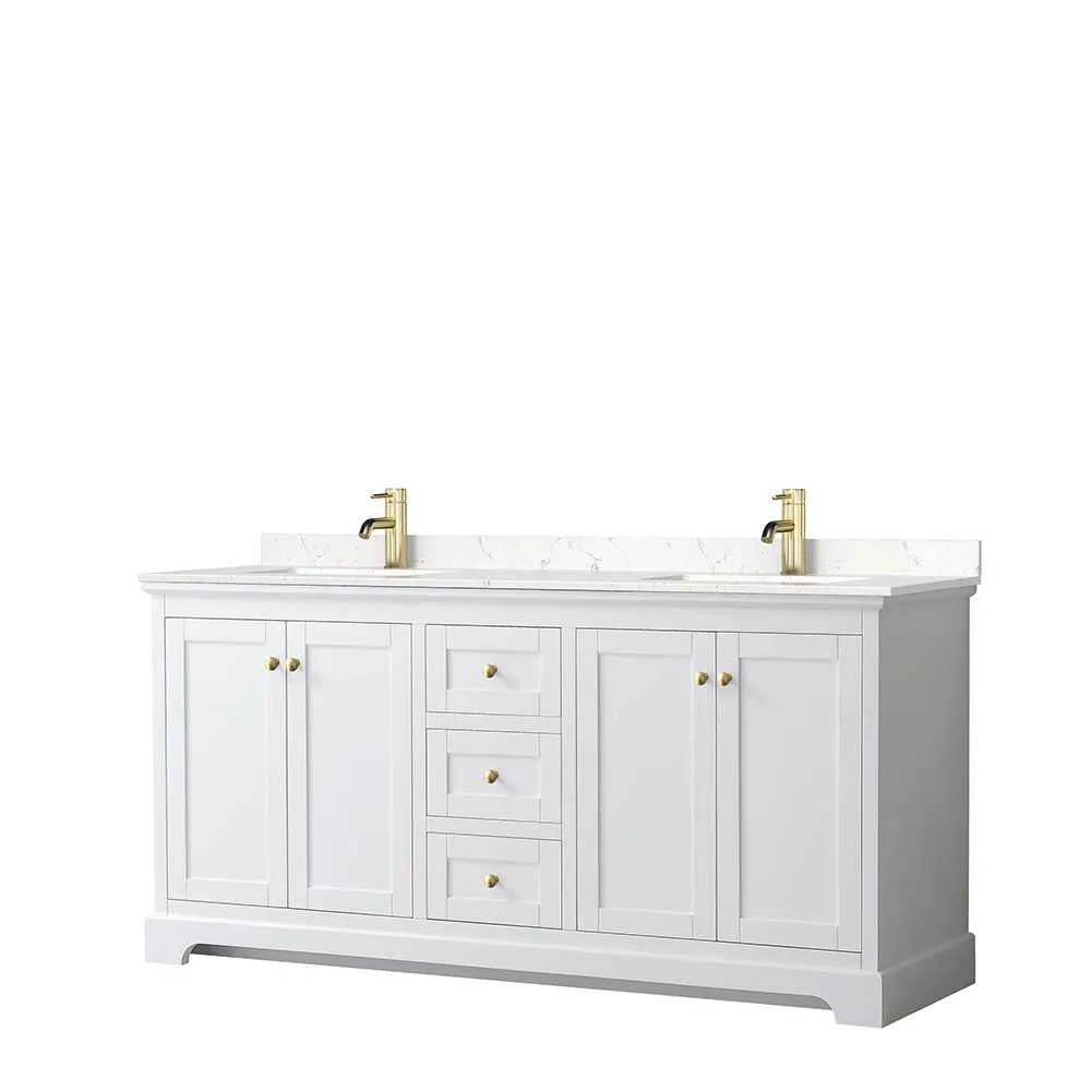 Avery 72 Inch Double Bathroom Vanity in White - Brushed Gold Trim