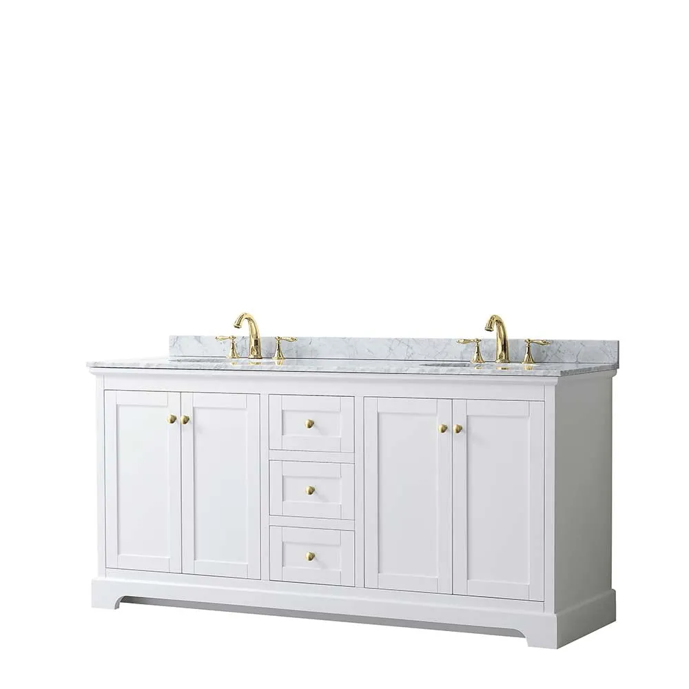 Avery 72 Inch Double Bathroom Vanity in White - Brushed Gold Trim
