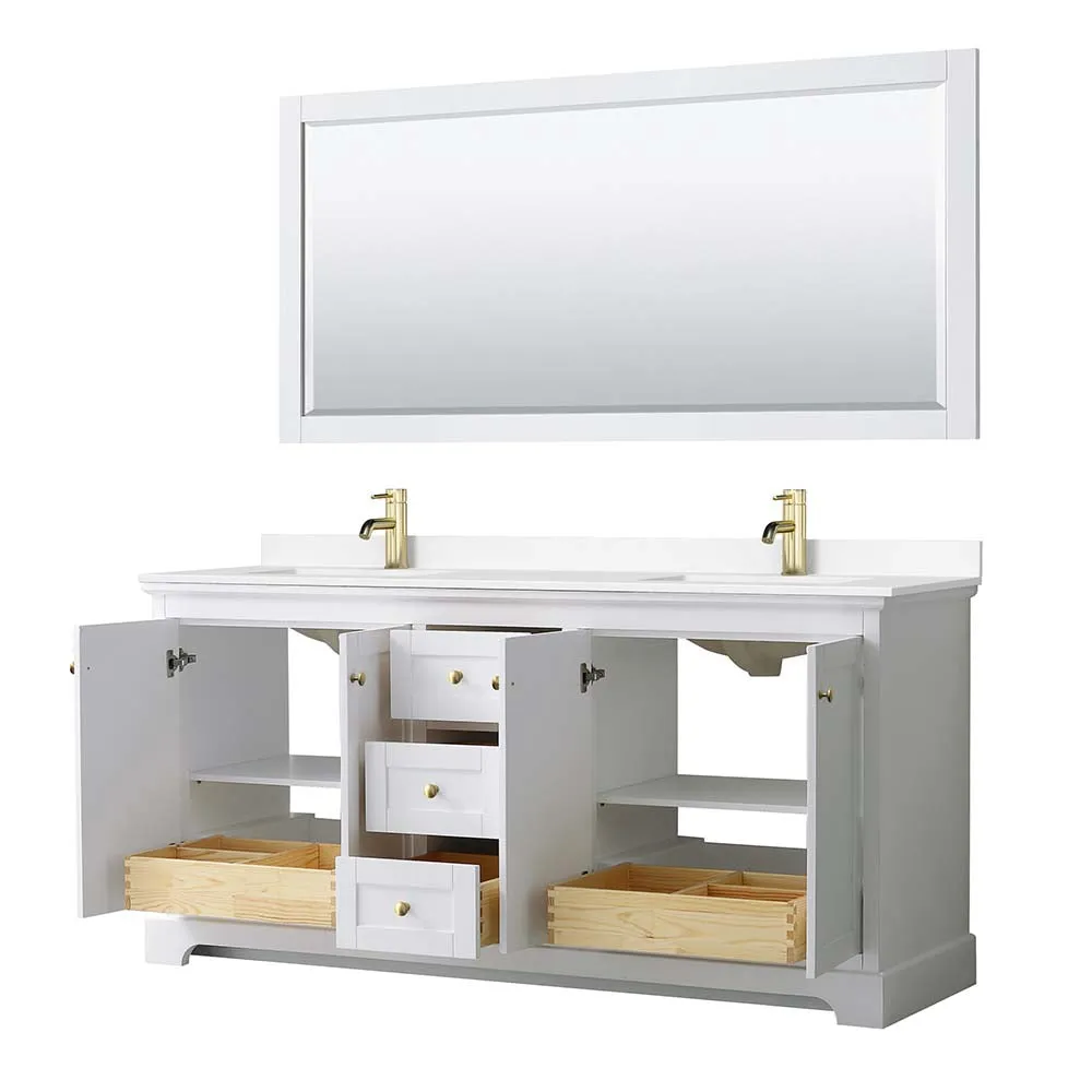 Avery 72 Inch Double Bathroom Vanity in White - Brushed Gold Trim