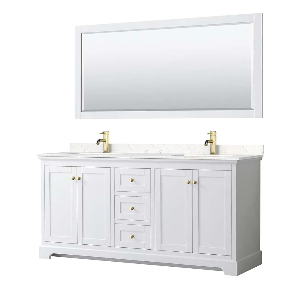 Avery 72 Inch Double Bathroom Vanity in White - Brushed Gold Trim