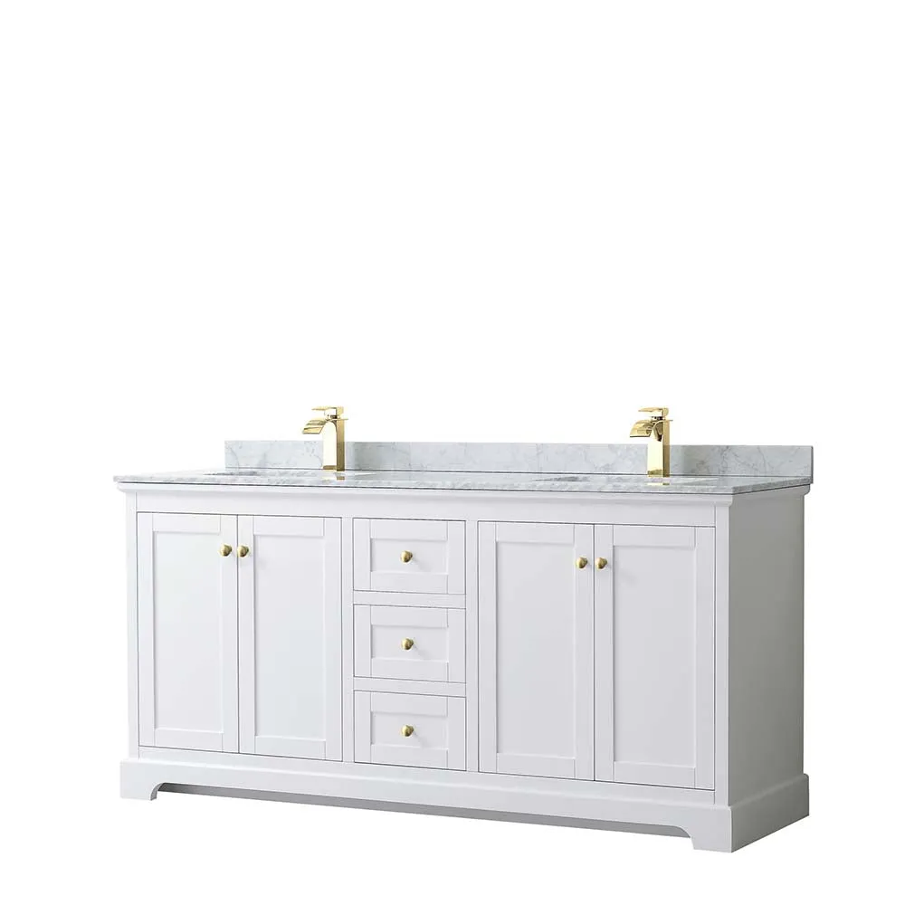Avery 72 Inch Double Bathroom Vanity in White - Brushed Gold Trim