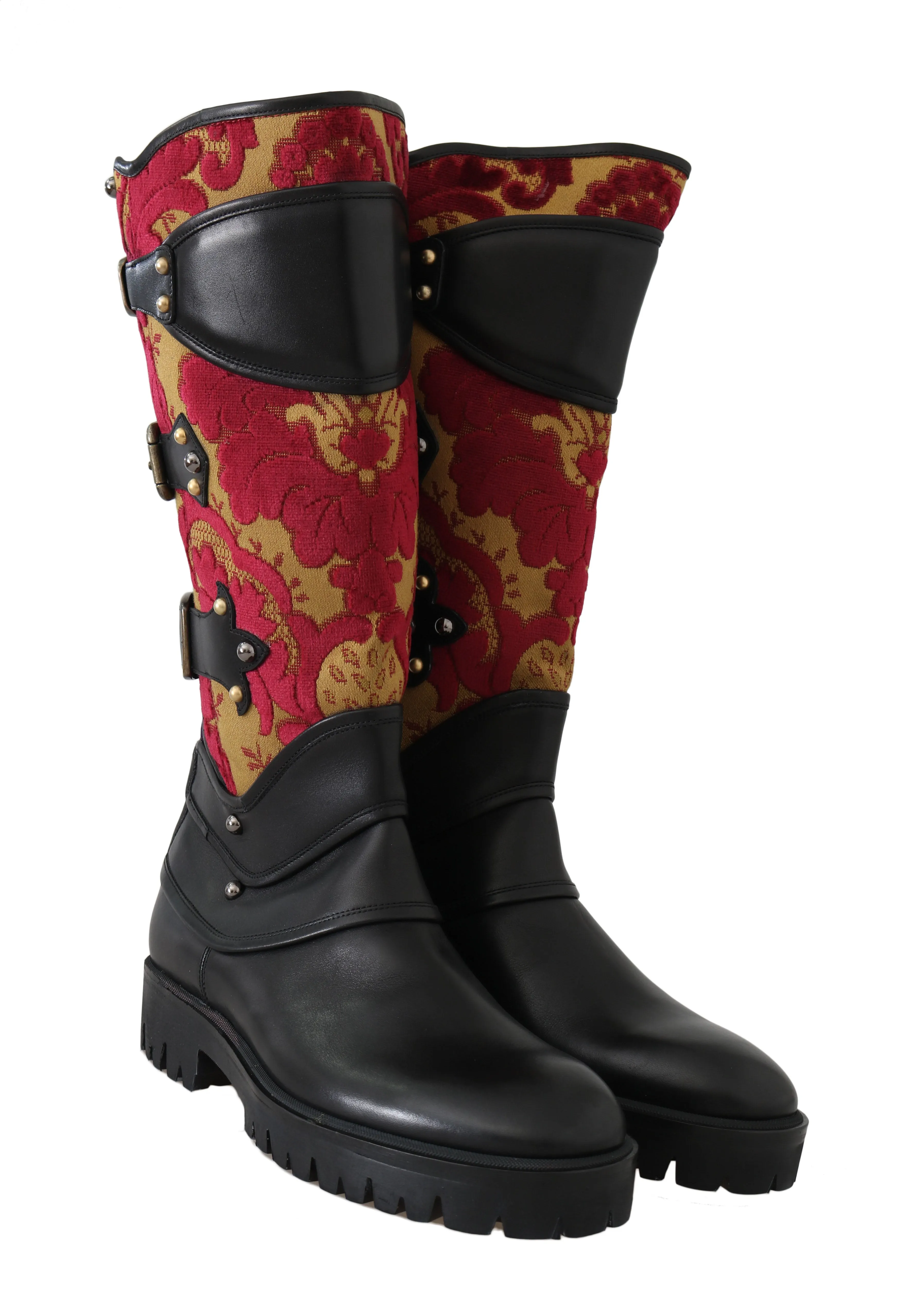 Black Leather Brocade Studded Boots