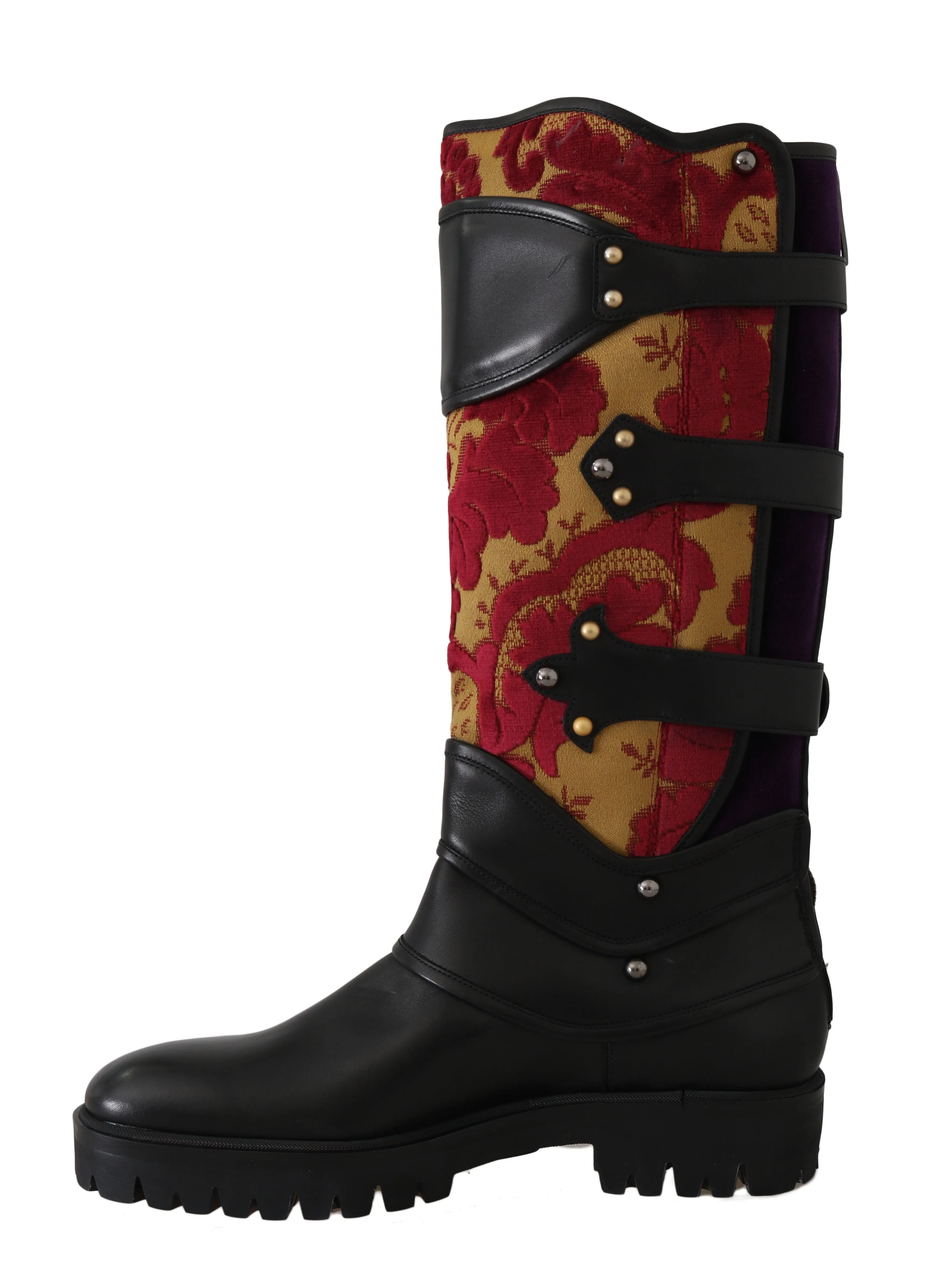Black Leather Brocade Studded Boots