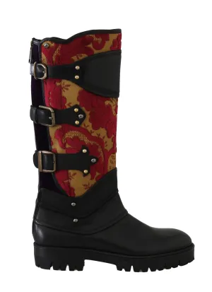 Black Leather Brocade Studded Boots