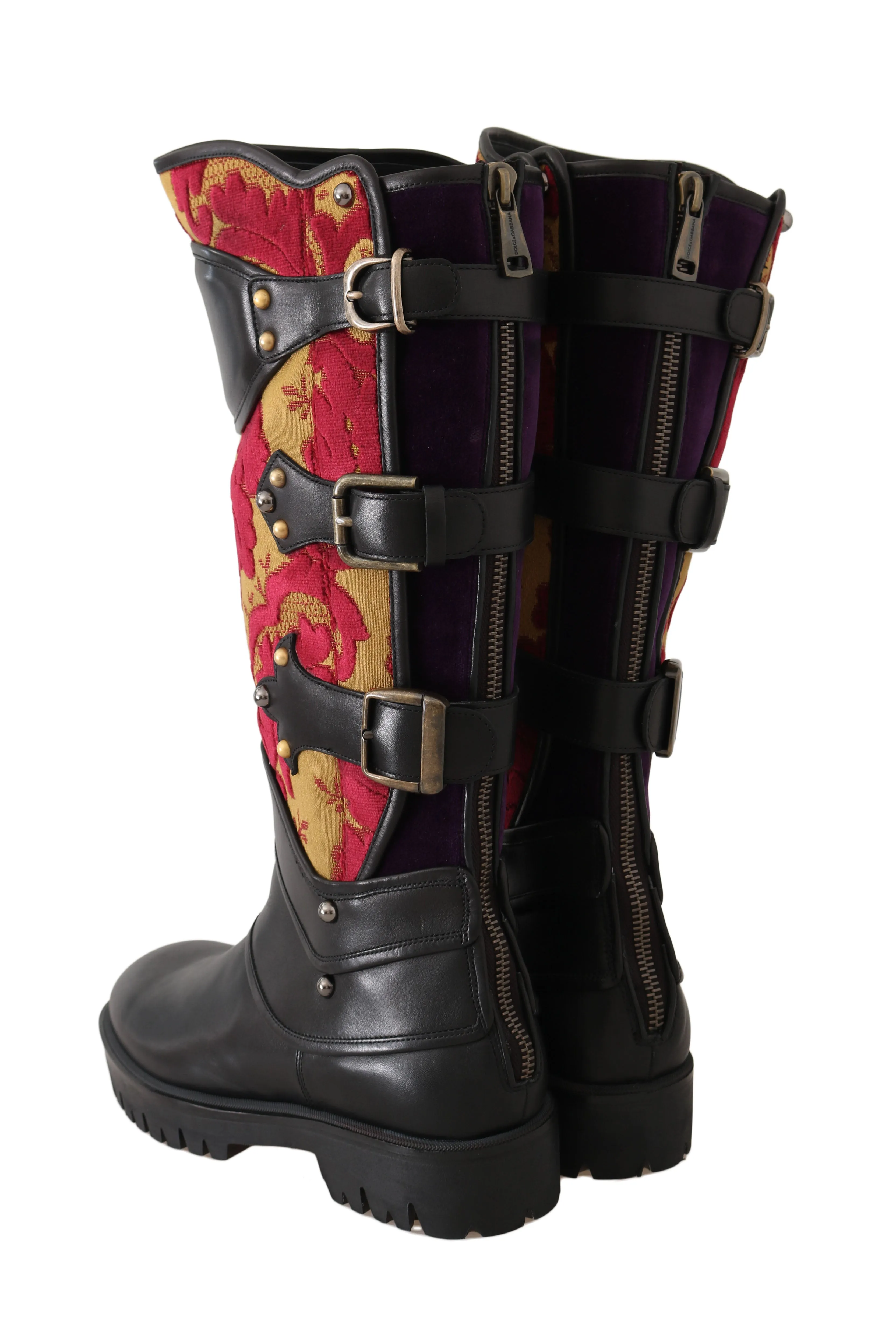 Black Leather Brocade Studded Boots