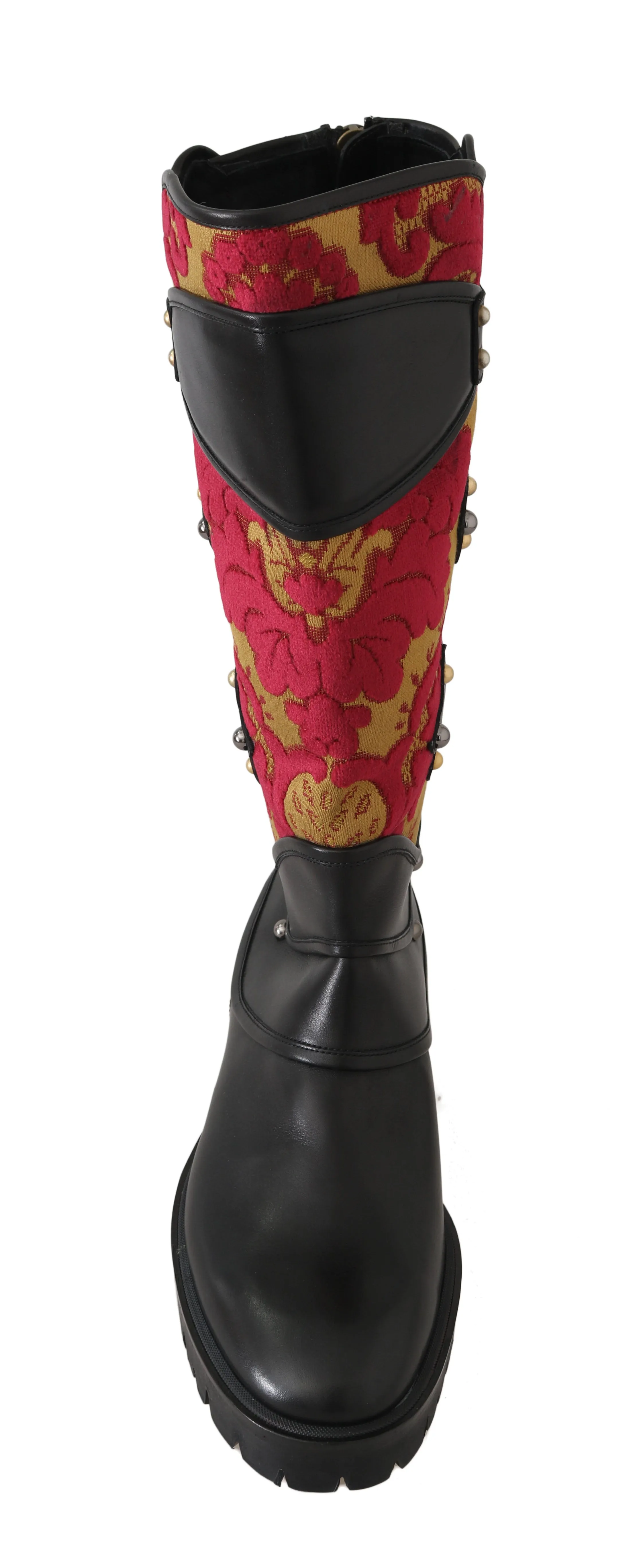 Black Leather Brocade Studded Boots