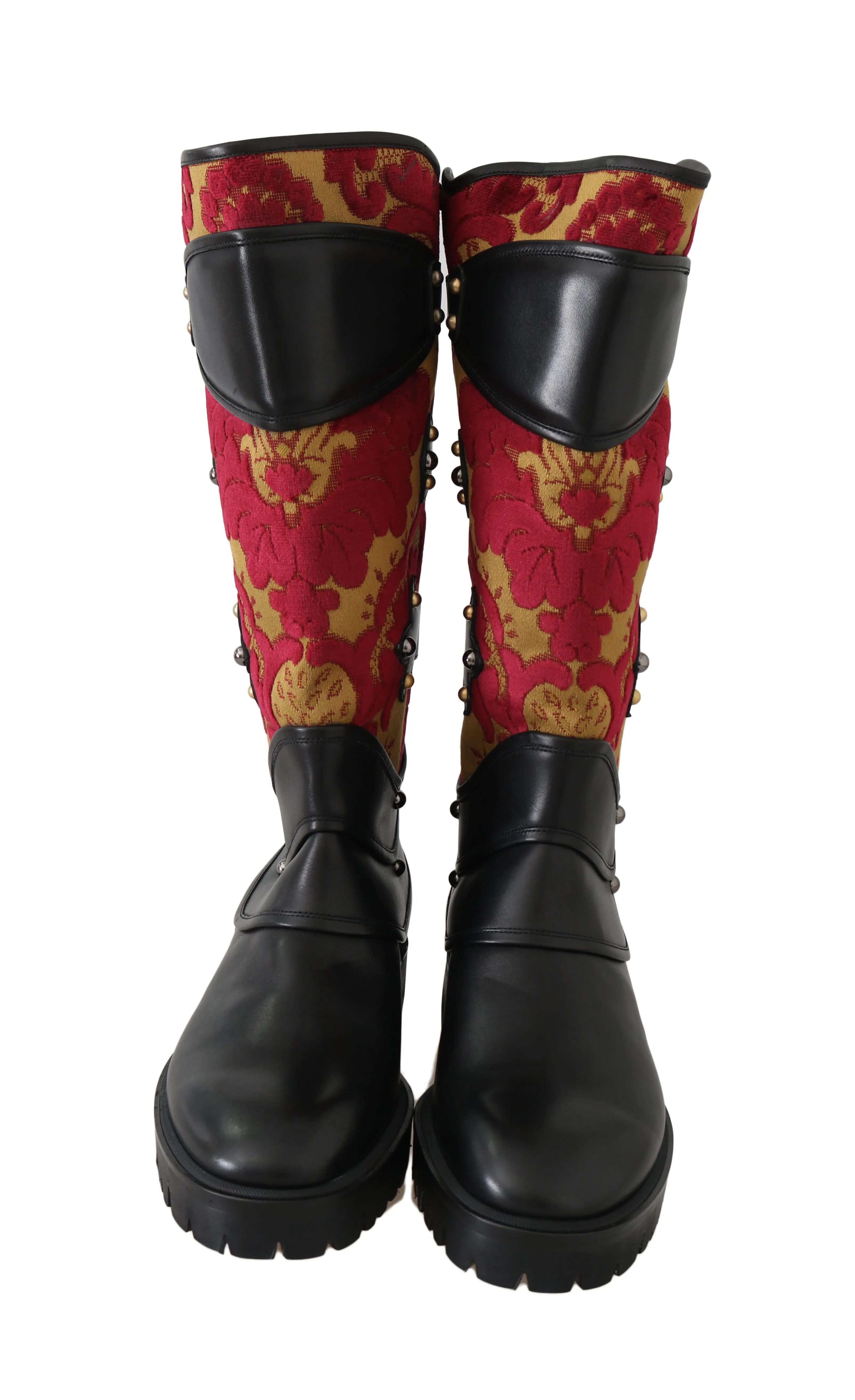 Black Leather Brocade Studded Boots