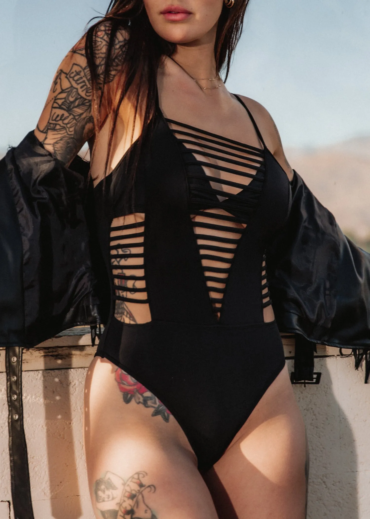 Black Strappy One Piece Swimsuit