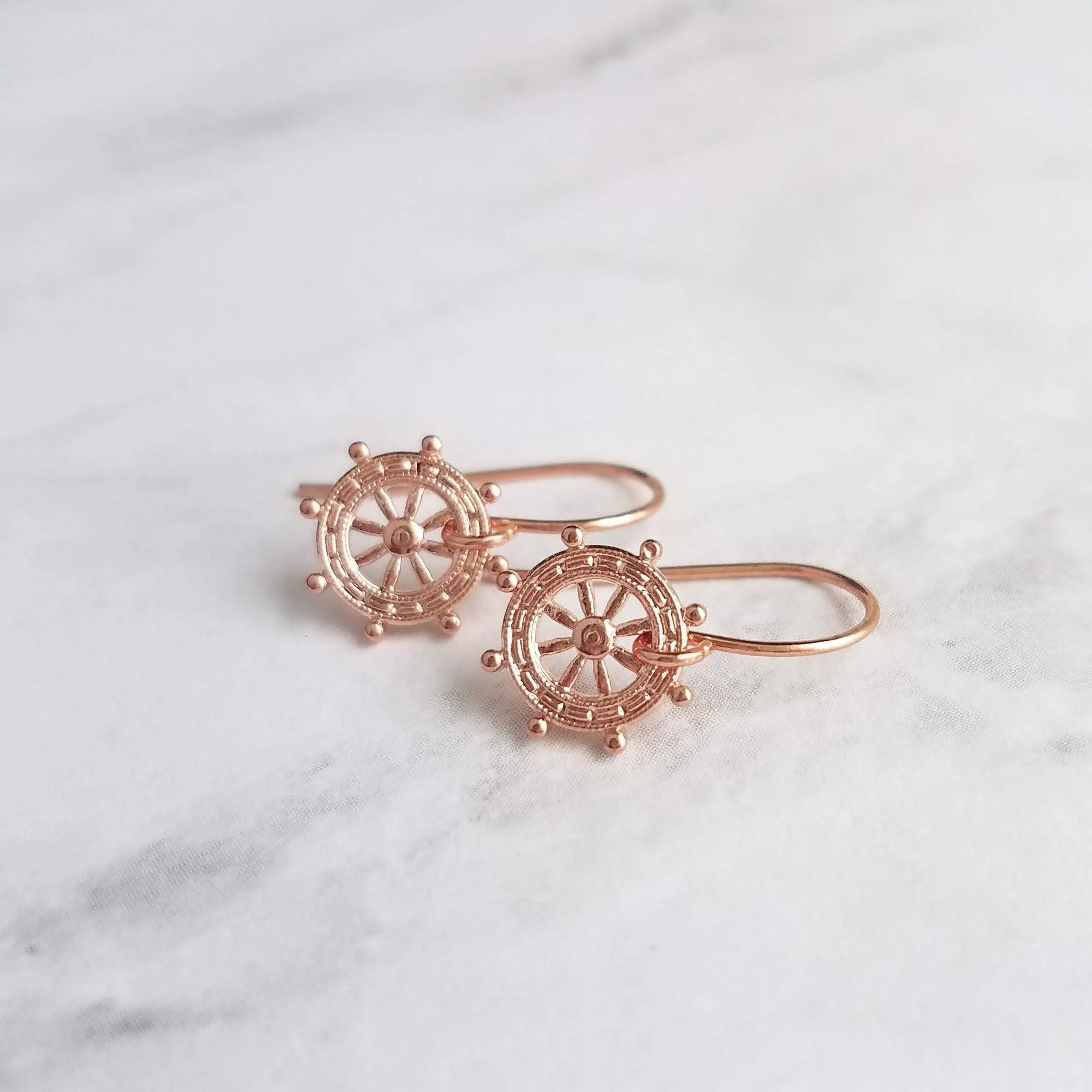 Boat Helm Earrings - rose gold nautical ship steering wheel - leadership responsibility victory symbol jewelry - captain sailing gift