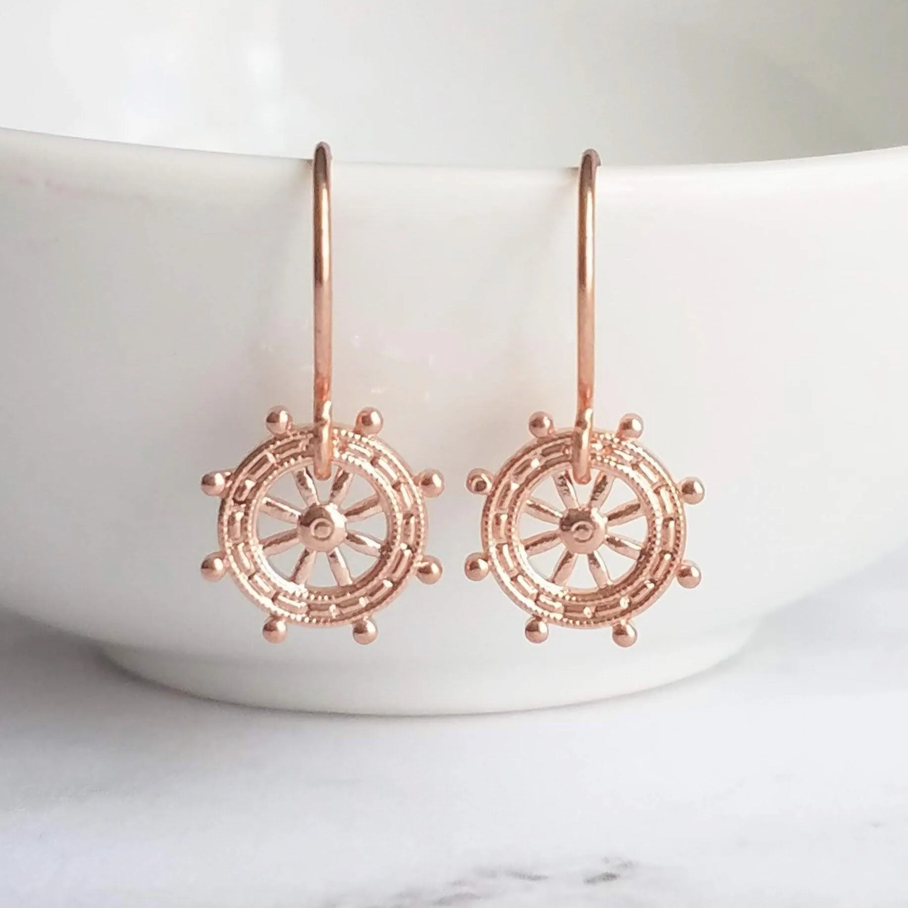 Boat Helm Earrings - rose gold nautical ship steering wheel - leadership responsibility victory symbol jewelry - captain sailing gift