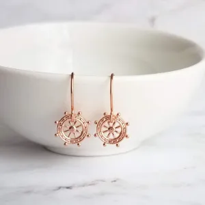 Boat Helm Earrings - rose gold nautical ship steering wheel - leadership responsibility victory symbol jewelry - captain sailing gift