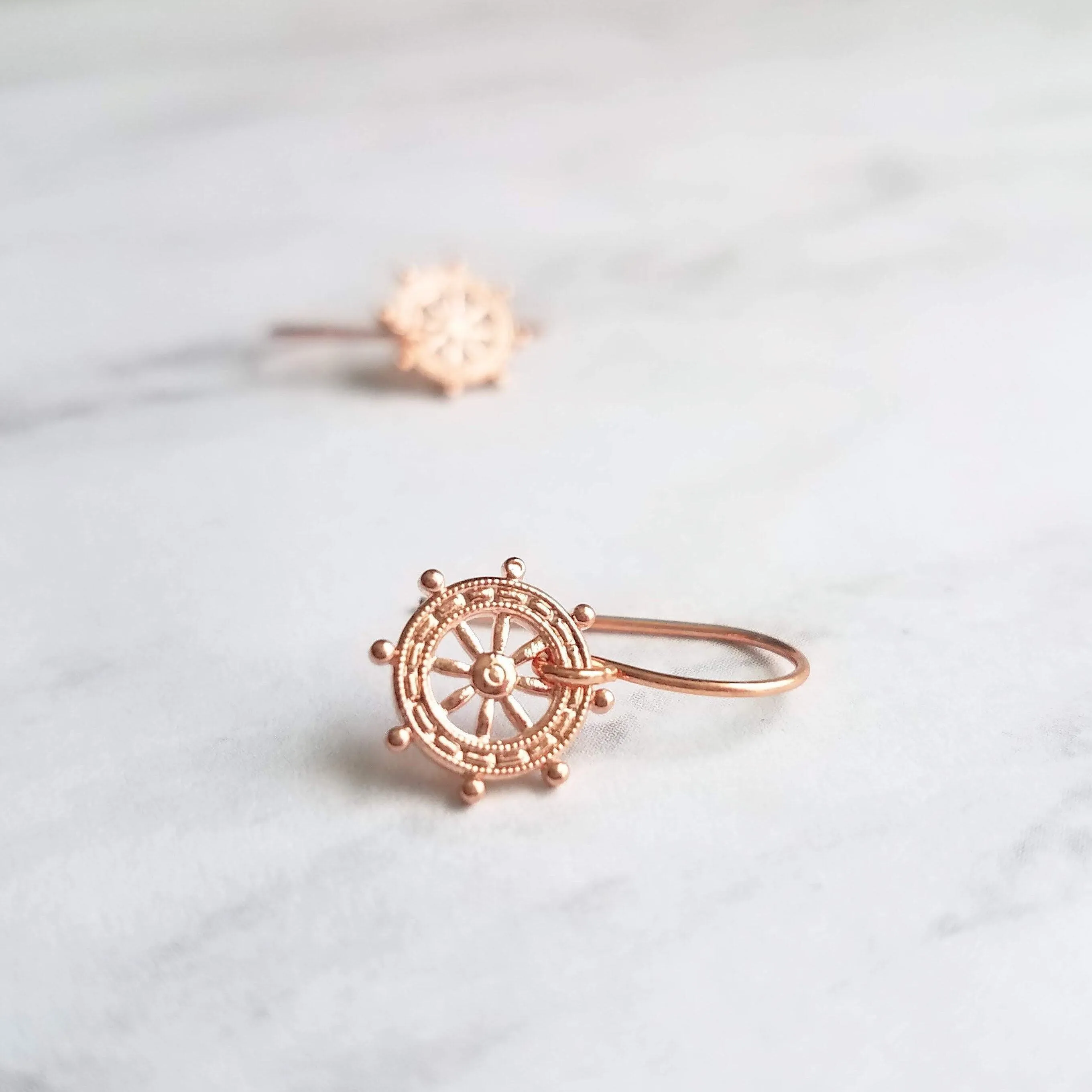 Boat Helm Earrings - rose gold nautical ship steering wheel - leadership responsibility victory symbol jewelry - captain sailing gift