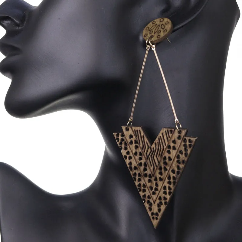 Brown Heart Pattern Wooden Earrings