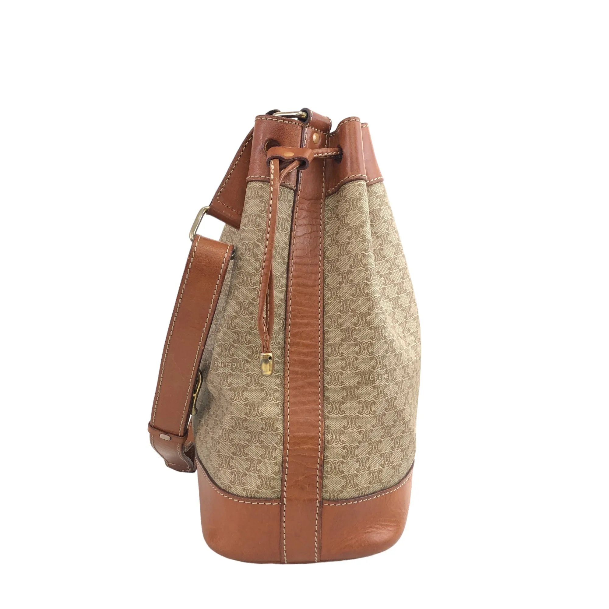 CELINE Macadam Blason Drawstring Shoulder bag Beige Vintage ugdzs4